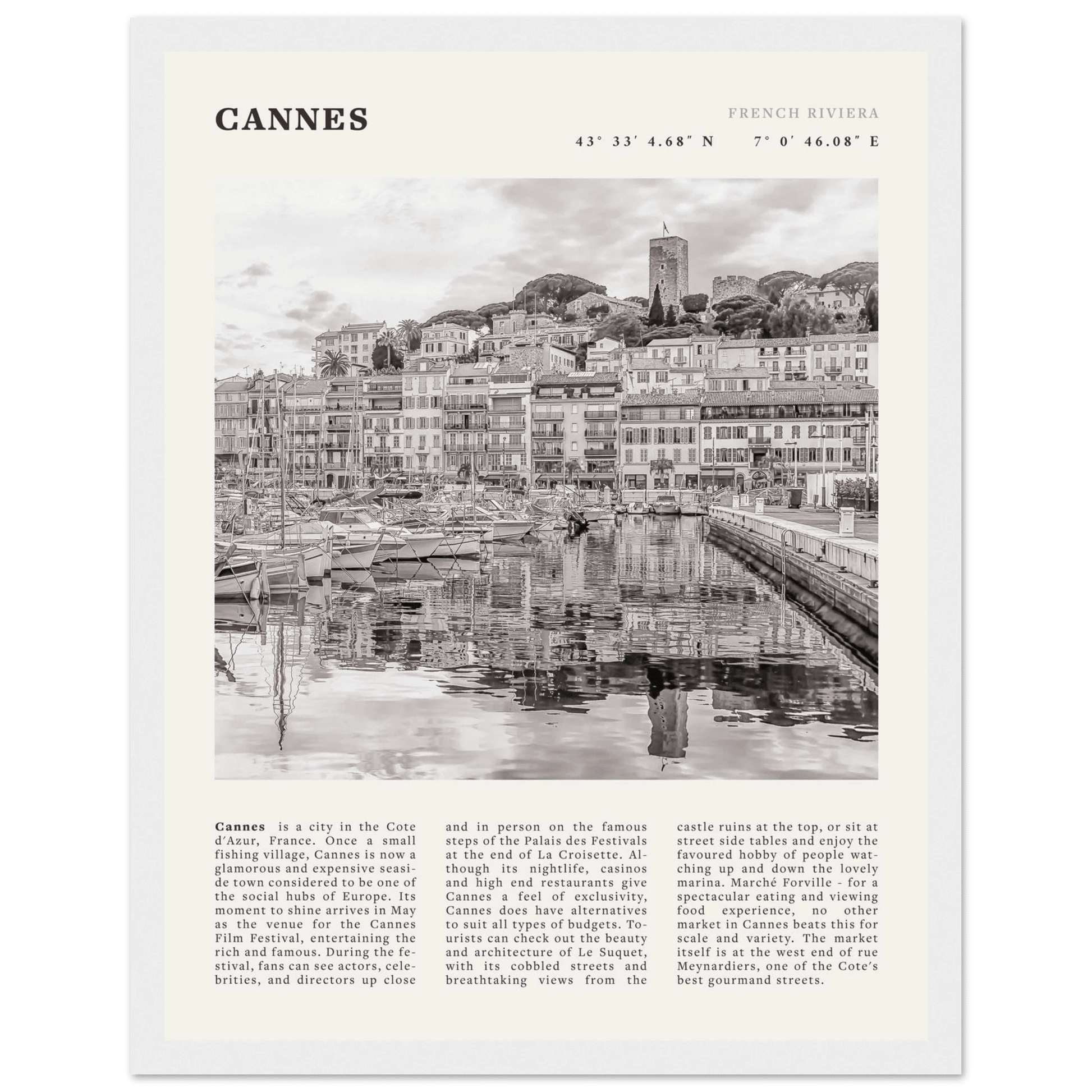 Cannes Poster | Black & White French Riviera Wall Art | France Travel Print - Evergreen Posters