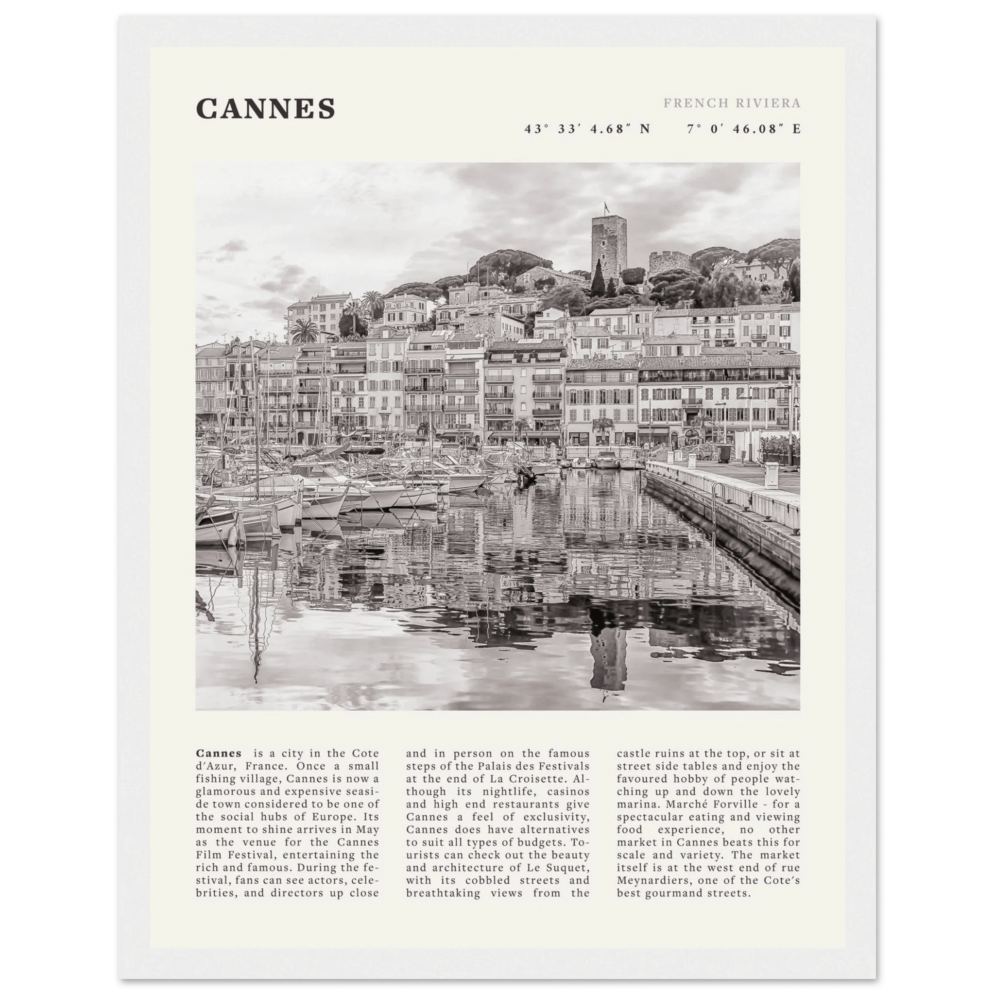 Cannes Poster | Black & White French Riviera Wall Art | France Travel Print - Evergreen Posters