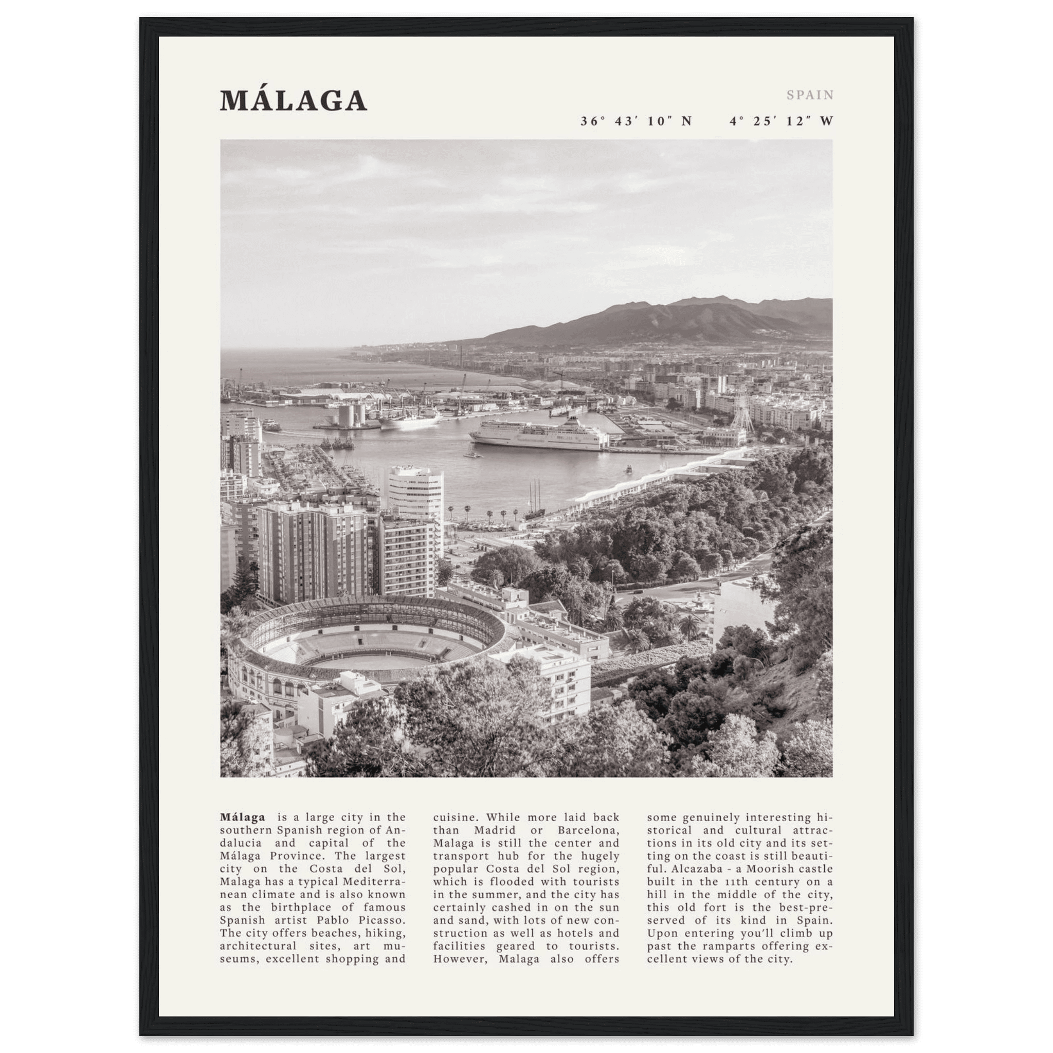 Málaga Poster | Black & White Costa del Sol Wall Art | Spain Travel Print - Evergreen Posters