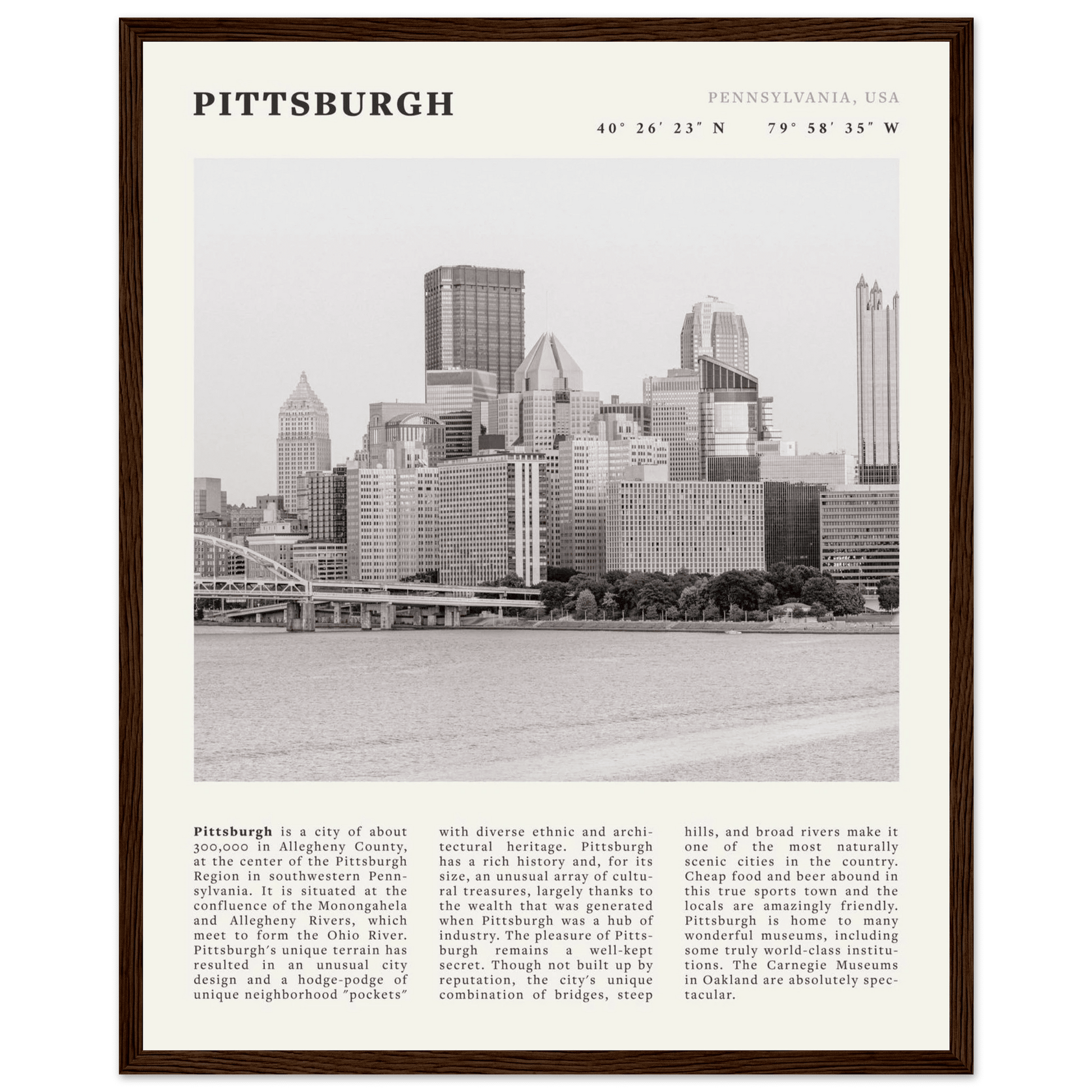 Pittsburgh Poster | Black & White Pennsylvania Skyline Wall Art | PA Travel Print - Evergreen Posters
