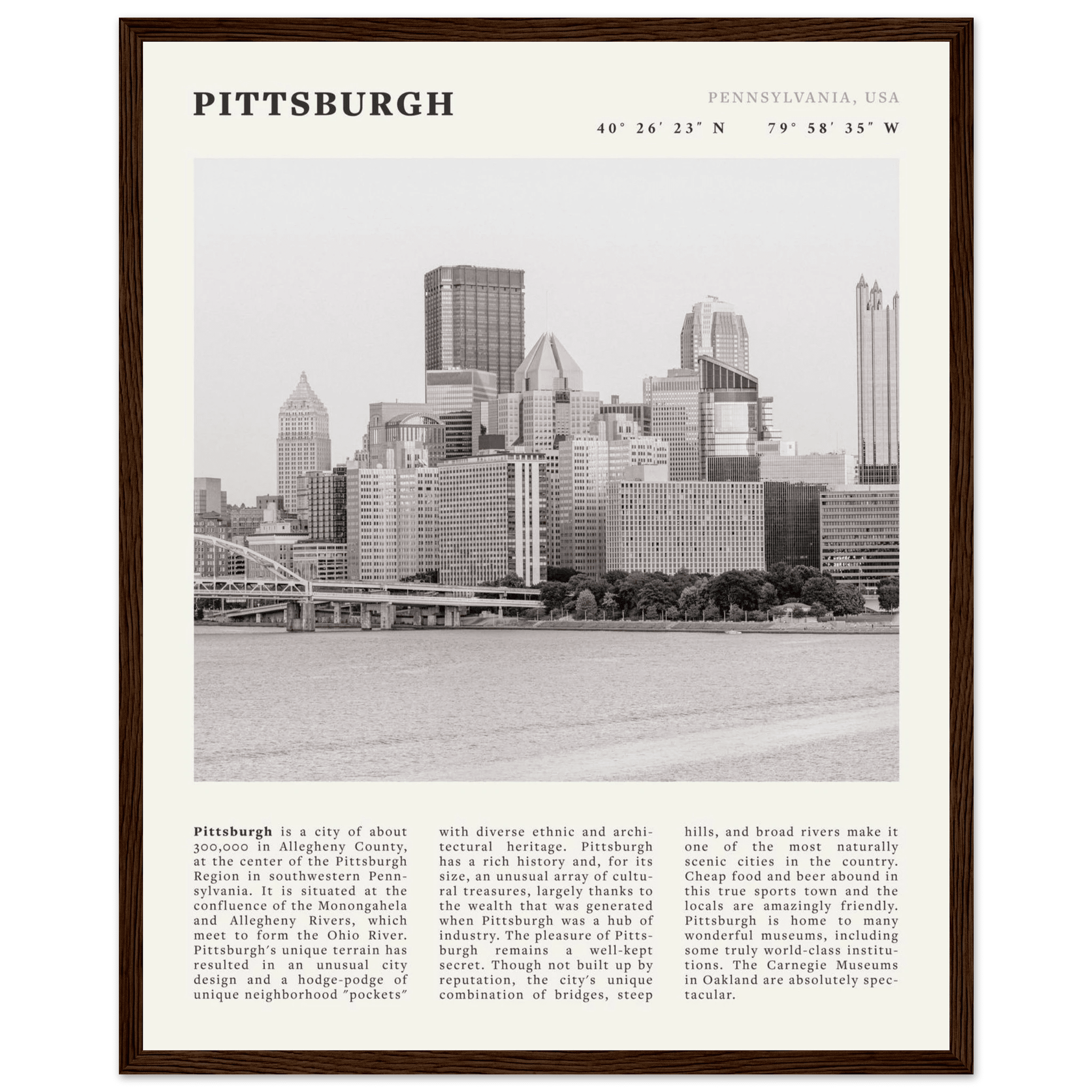 Pittsburgh Poster | Black & White Pennsylvania Skyline Wall Art | PA Travel Print - Evergreen Posters