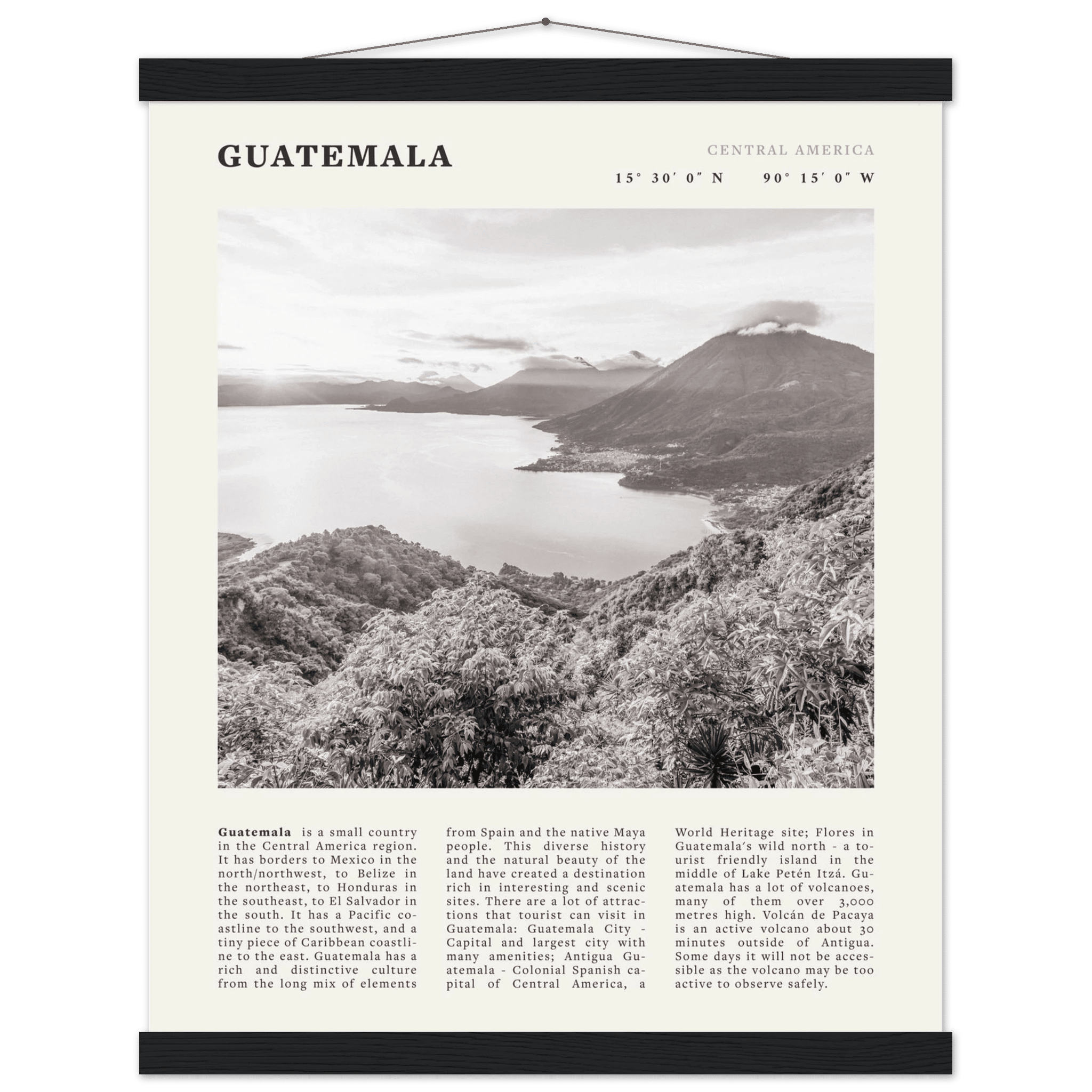 Guatemala Poster | Black & White Lake Atitlan Wall Art | Central America Travel Print - Evergreen Posters