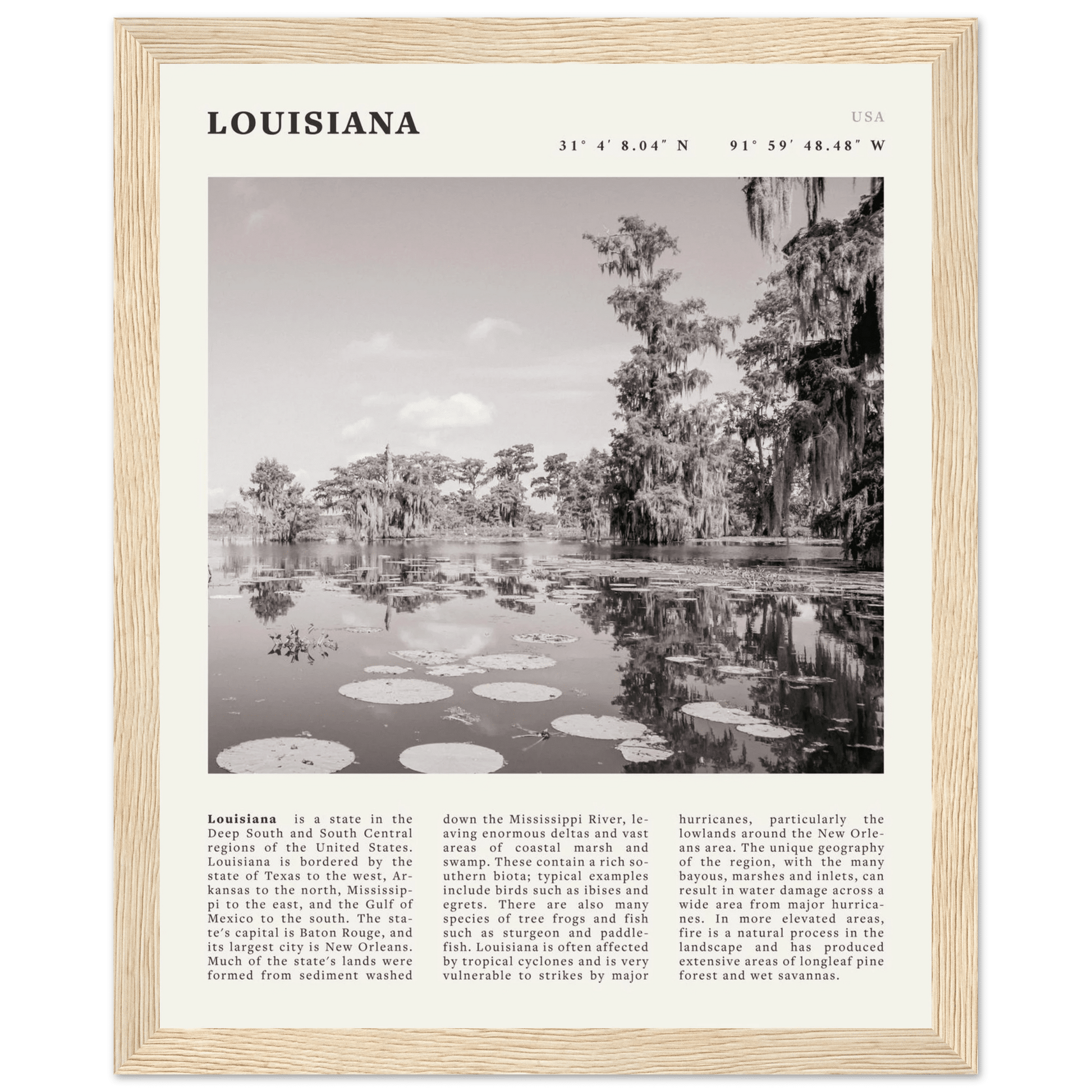 Louisiana Poster | Black & White Bayou Wall Art | Southern USA Travel Print Decor - Evergreen Posters