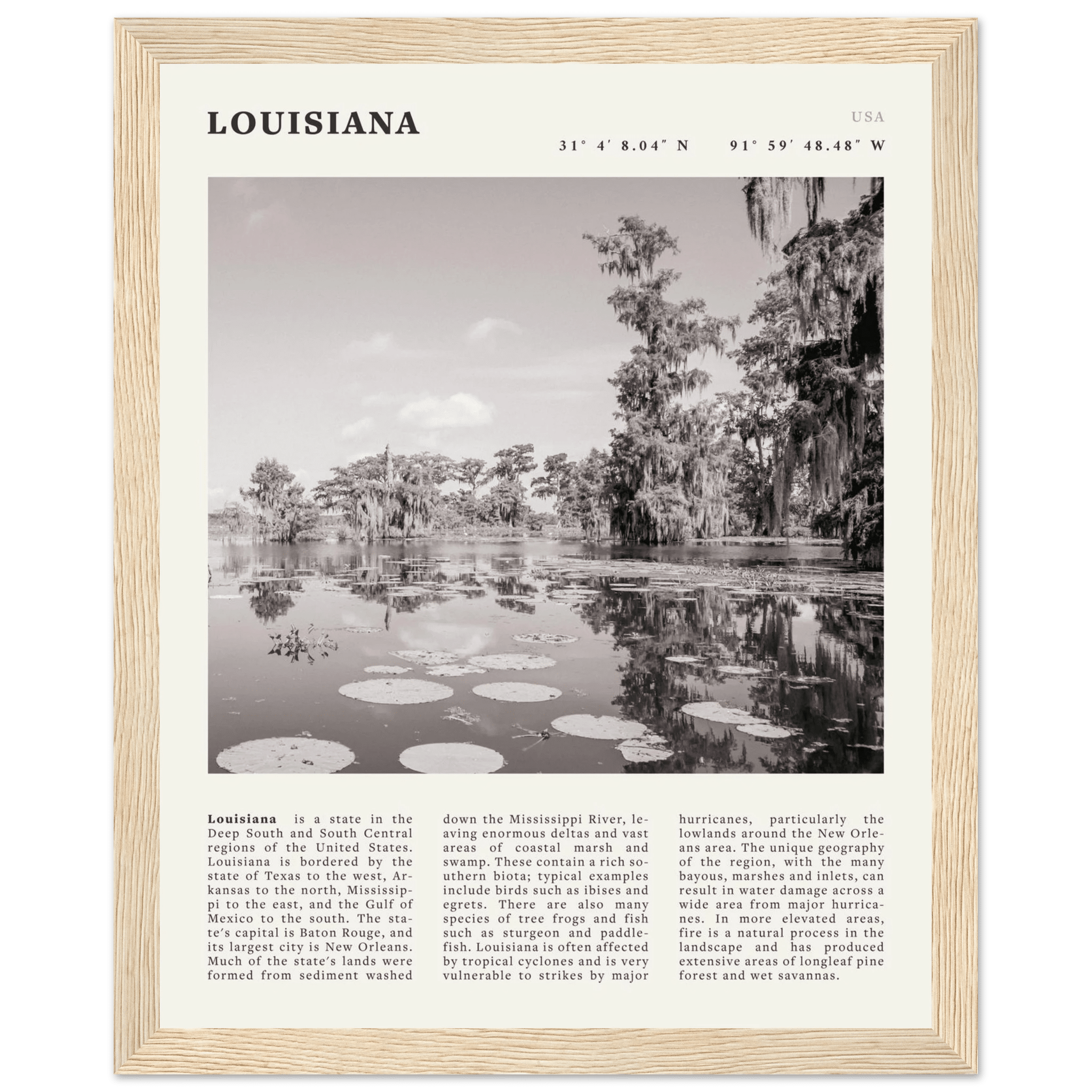 Louisiana Poster | Black & White Bayou Wall Art | Southern USA Travel Print Decor - Evergreen Posters