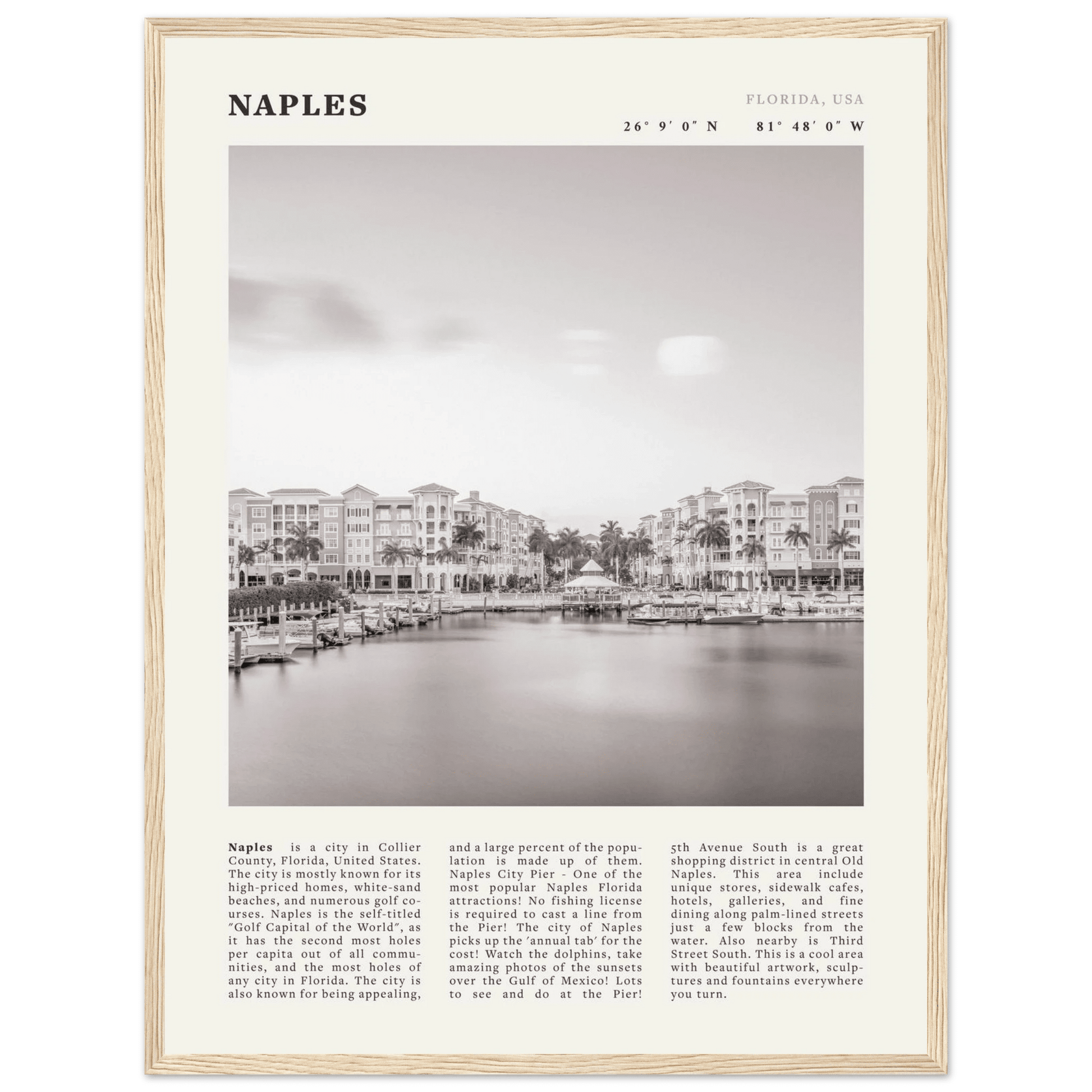Naples Florida Poster | Black & White Gulf Coast Wall Art | FL Travel Print - Evergreen Posters