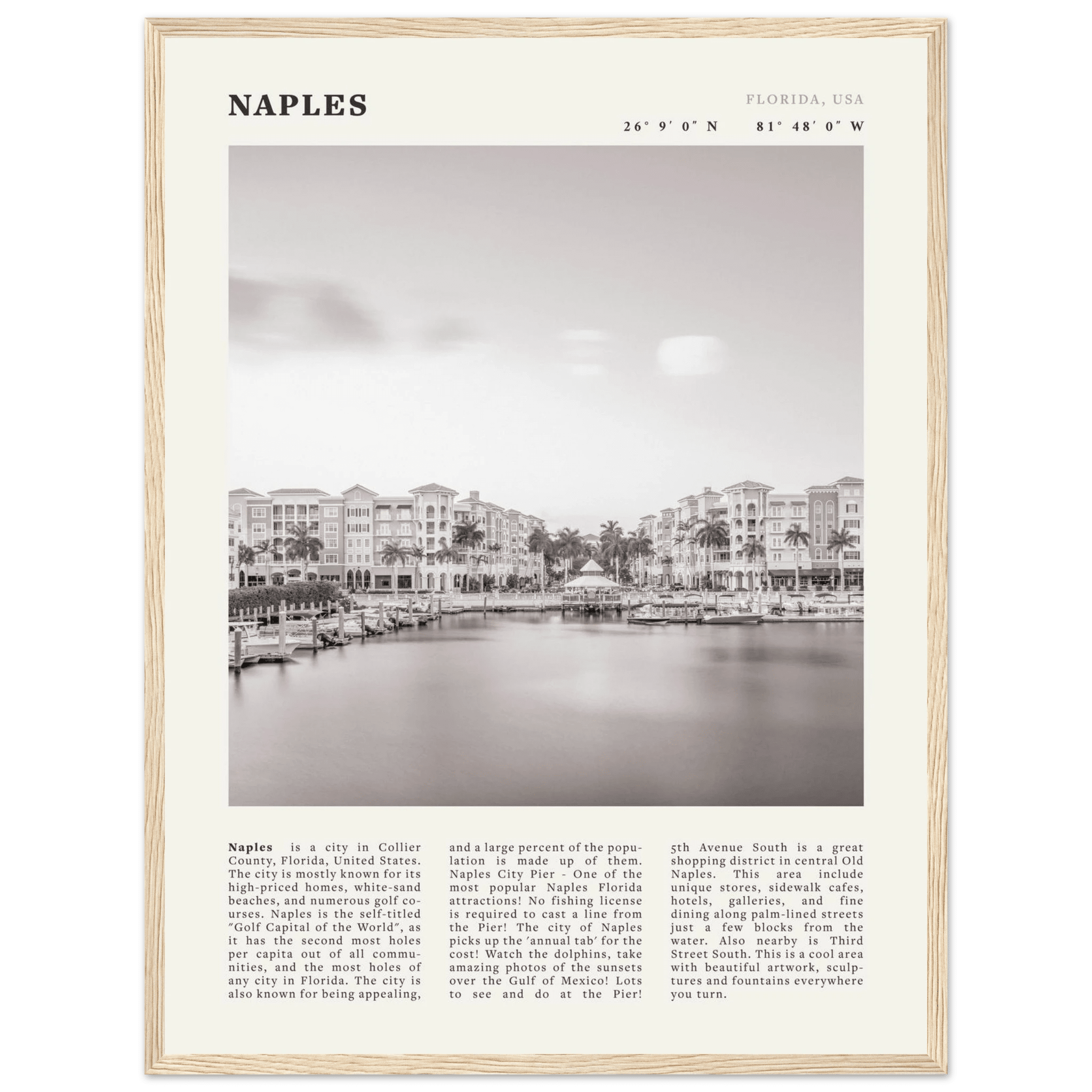 Naples Florida Poster | Black & White Gulf Coast Wall Art | FL Travel Print - Evergreen Posters
