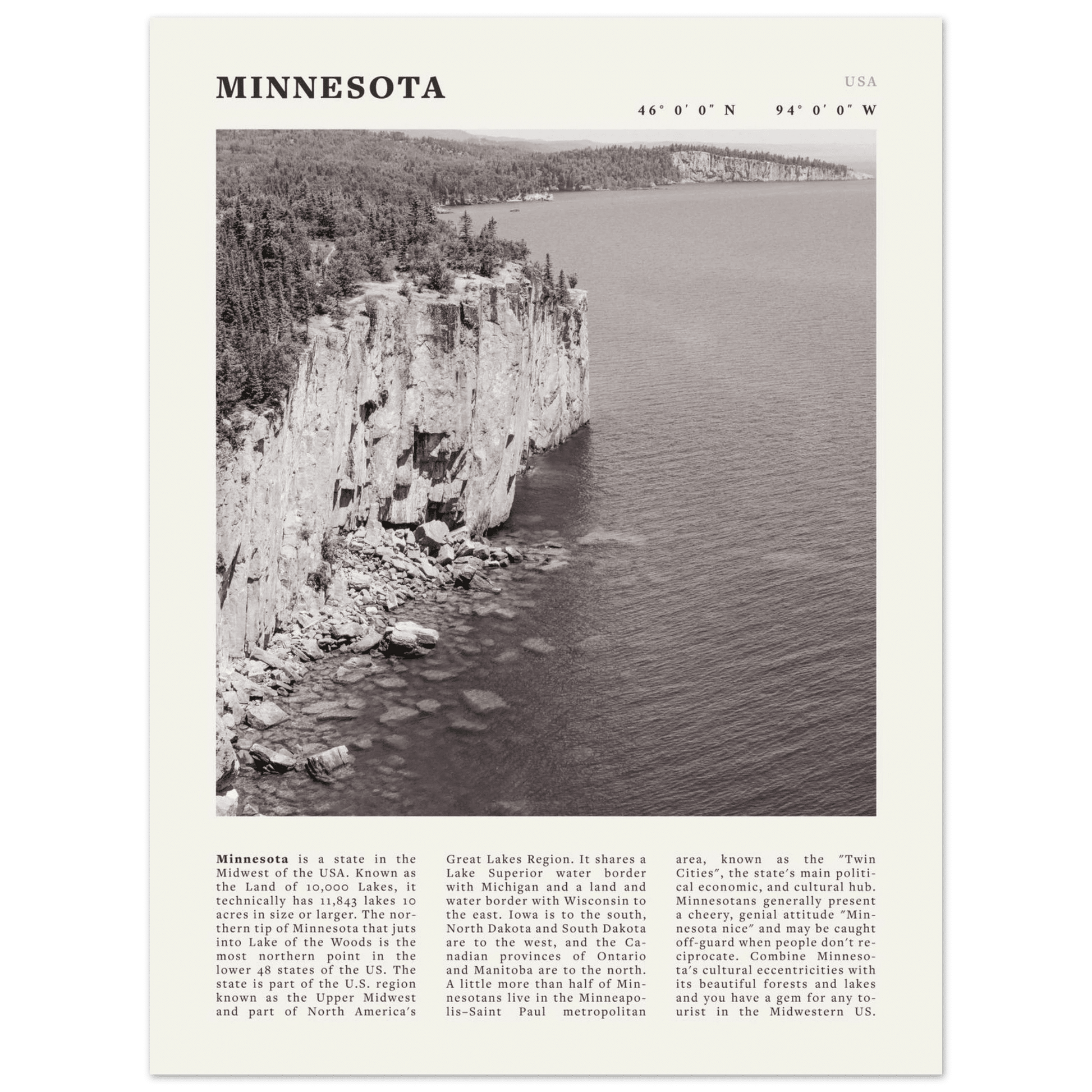 Minnesota Poster | Black & White Lake Superior Wall Art | USA Nature Travel Print - Evergreen Posters