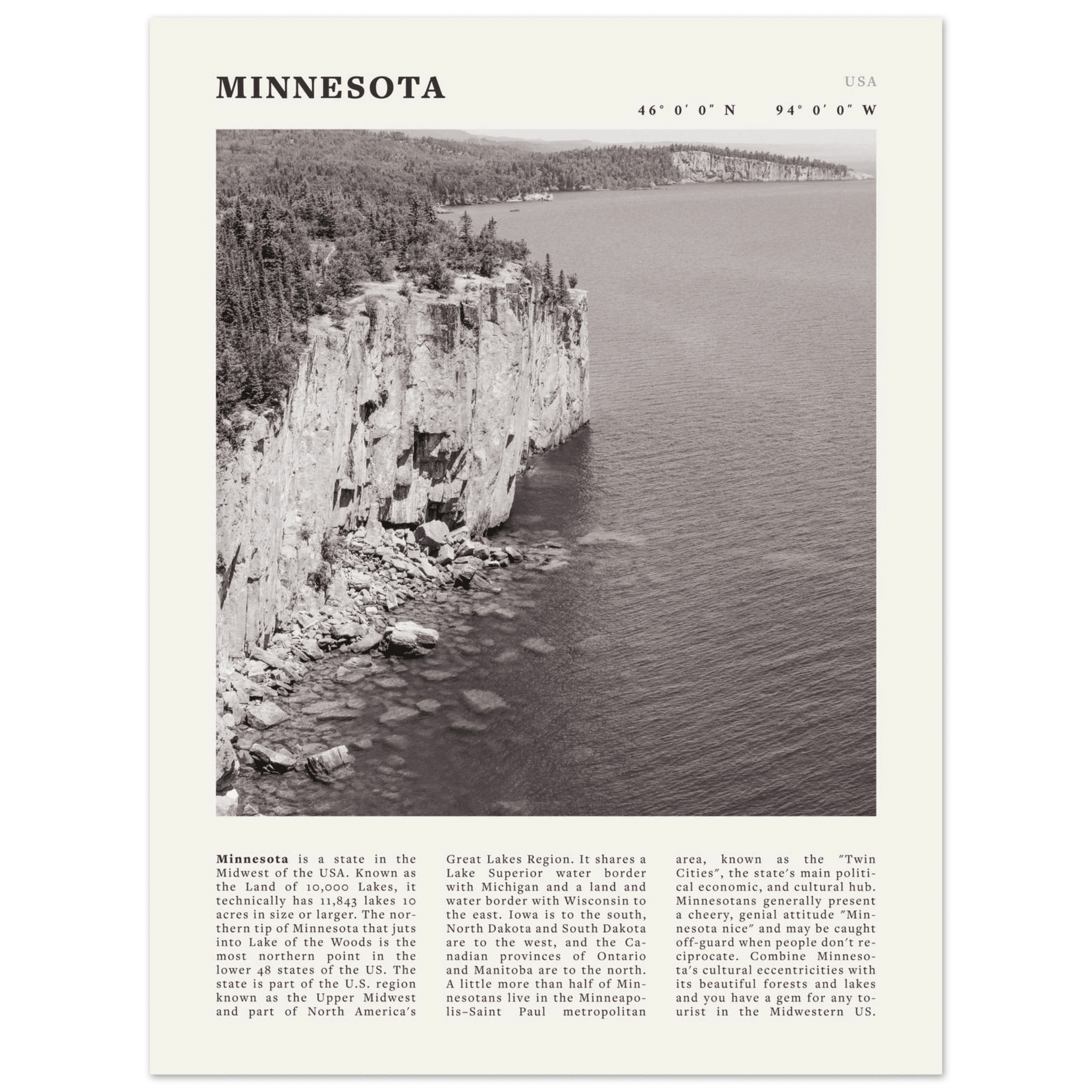 Minnesota Poster | Black & White Lake Superior Wall Art | USA Nature Travel Print - Evergreen Posters