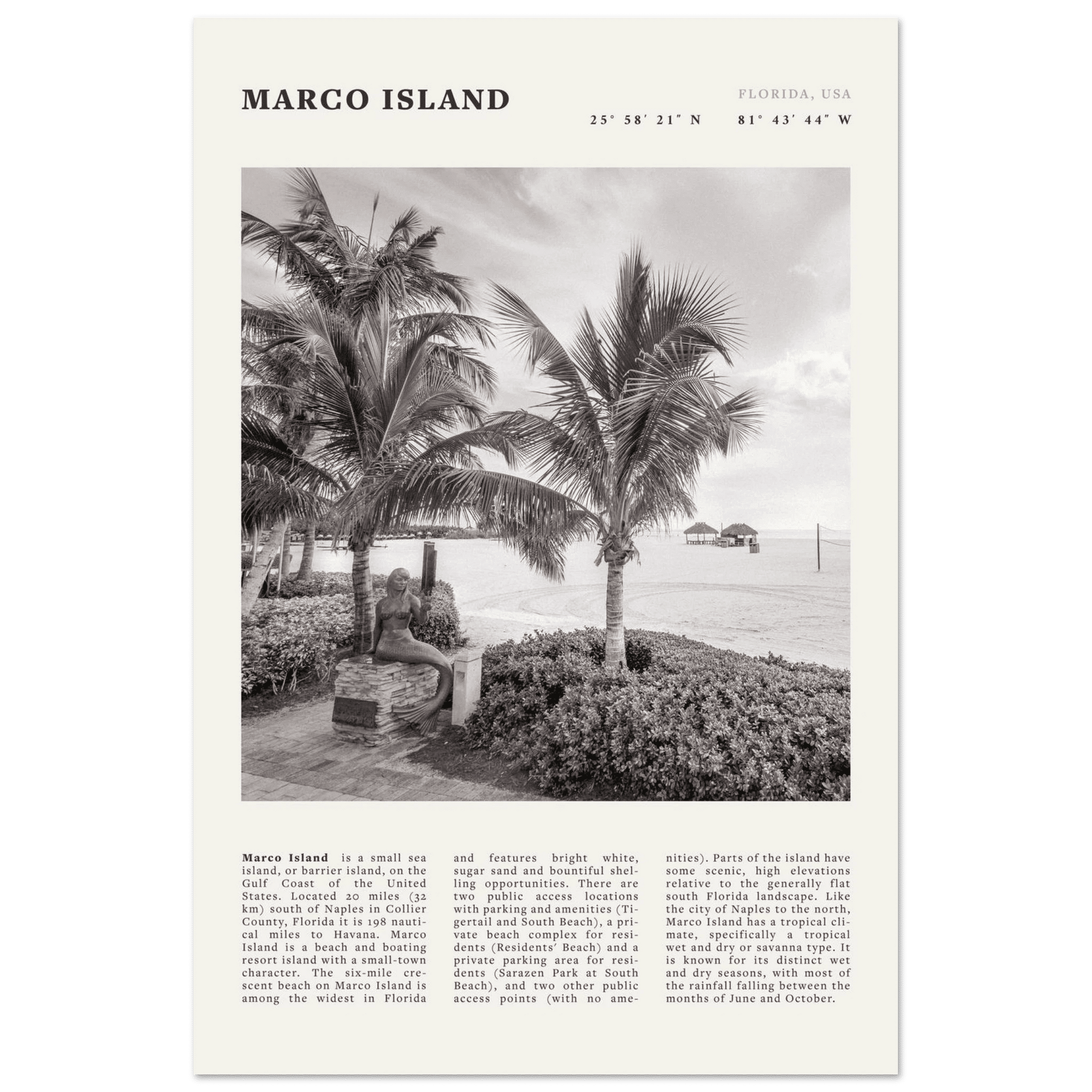 Marco Island Poster | Black & White Florida Beach Wall Art | Coastal Travel Print - Evergreen Posters