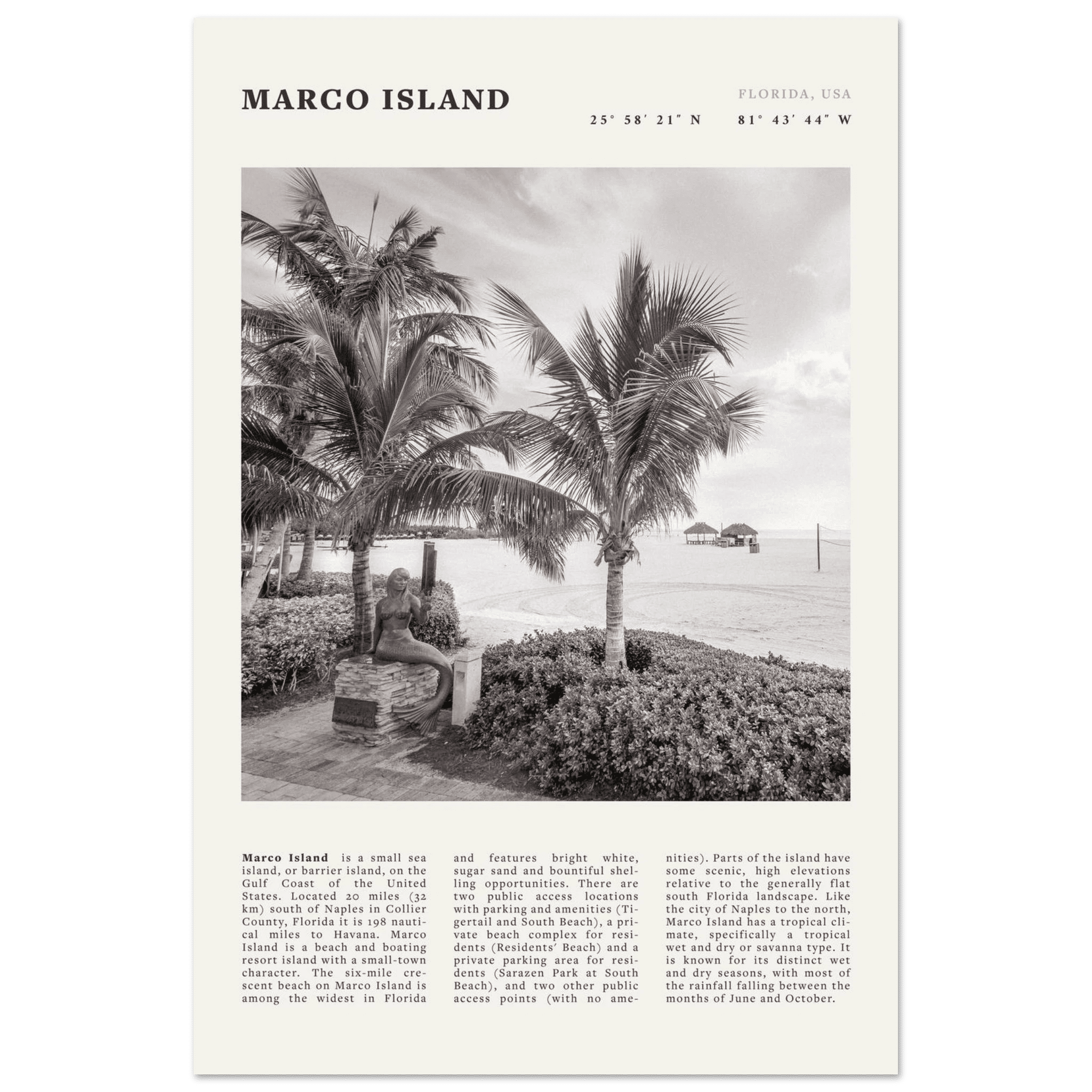 Marco Island Poster | Black & White Florida Beach Wall Art | Coastal Travel Print - Evergreen Posters
