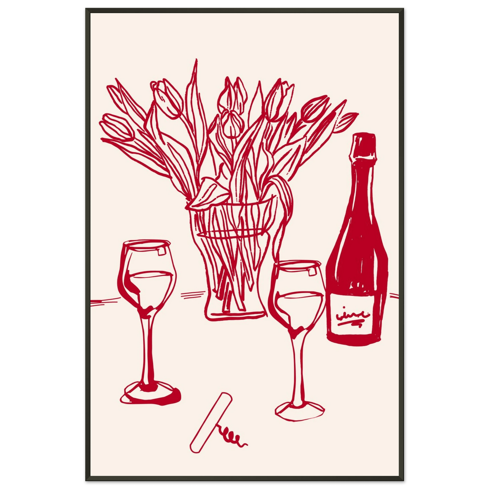 Red Wine & Tulips Print | Line Art Wine Bottle Wall Art | Kitchen Poster - Evergreen Posters