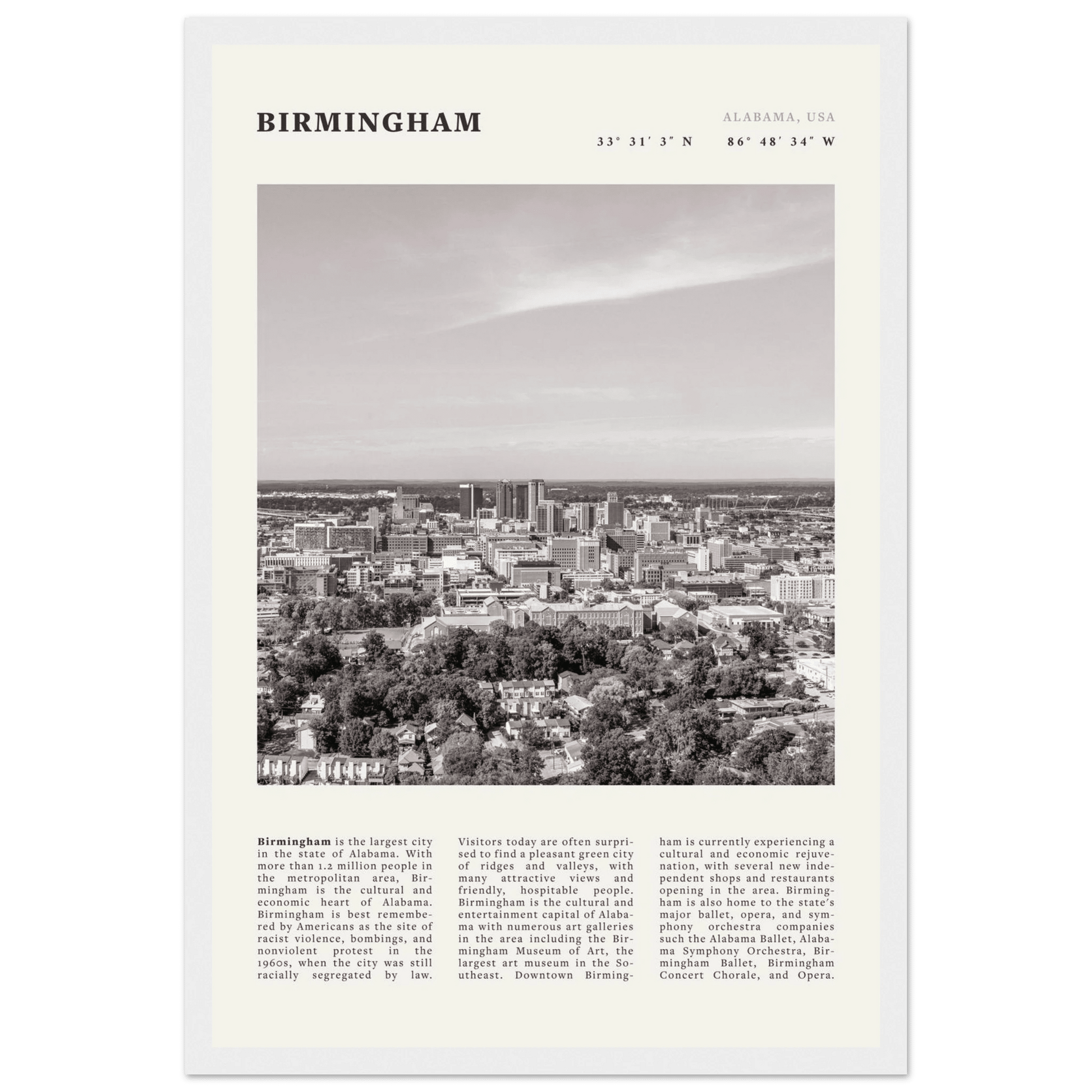 Birmingham Poster | Black & White Alabama Skyline Wall Art | AL Travel Print - Evergreen Posters