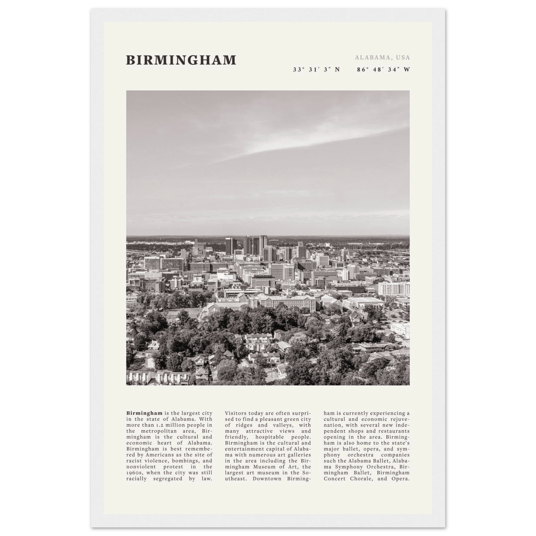 Birmingham Poster | Black & White Alabama Skyline Wall Art | AL Travel Print - Evergreen Posters
