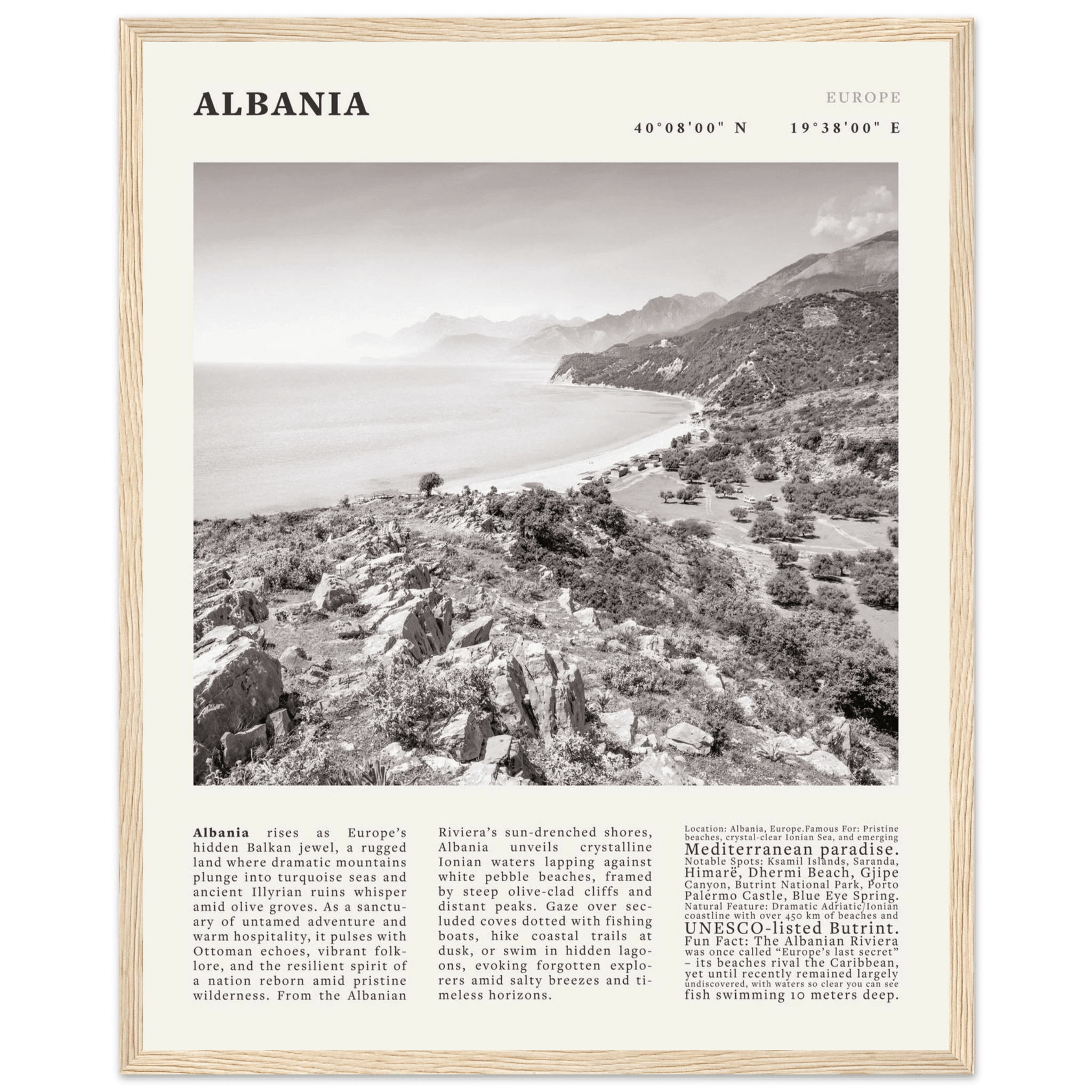 Albania Poster Black and White – Vintage Albanian Riviera Travel Print (Digital & Printed Options) - Evergreen Posters