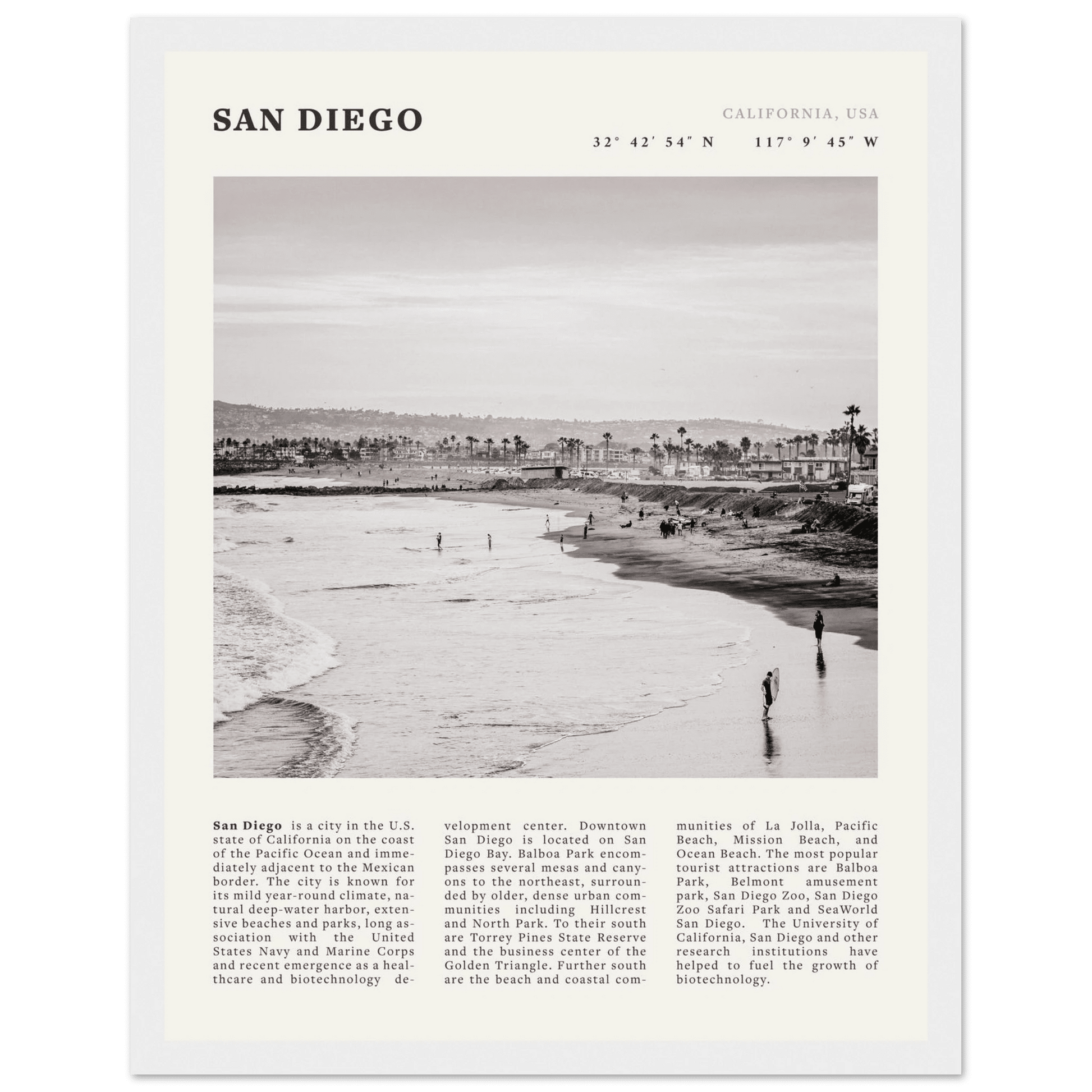 San Diego Poster | Black & White California Beach Wall Art | Coastal Travel Print Decor - Evergreen Posters