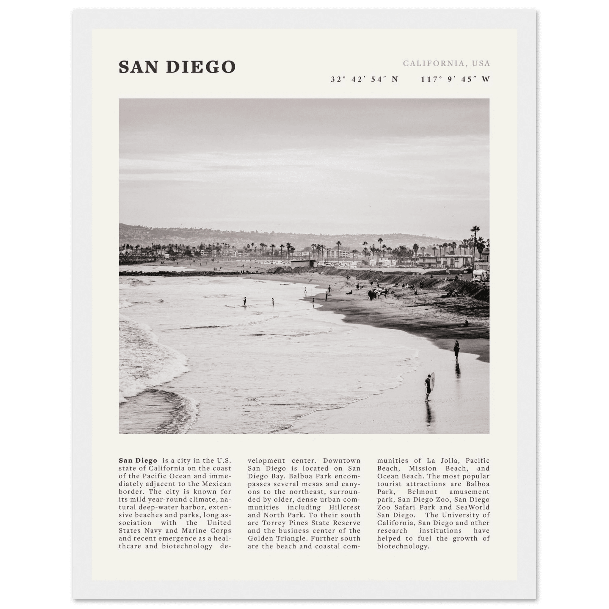 San Diego Poster | Black & White California Beach Wall Art | Coastal Travel Print Decor - Evergreen Posters