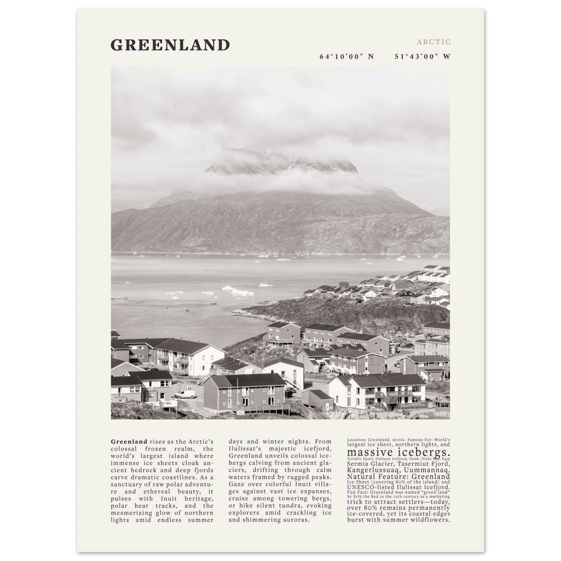 Greenland Poster Black and White – Vintage Arctic Fjord Landscape Print (Digital & Printed Options) - Evergreen Posters