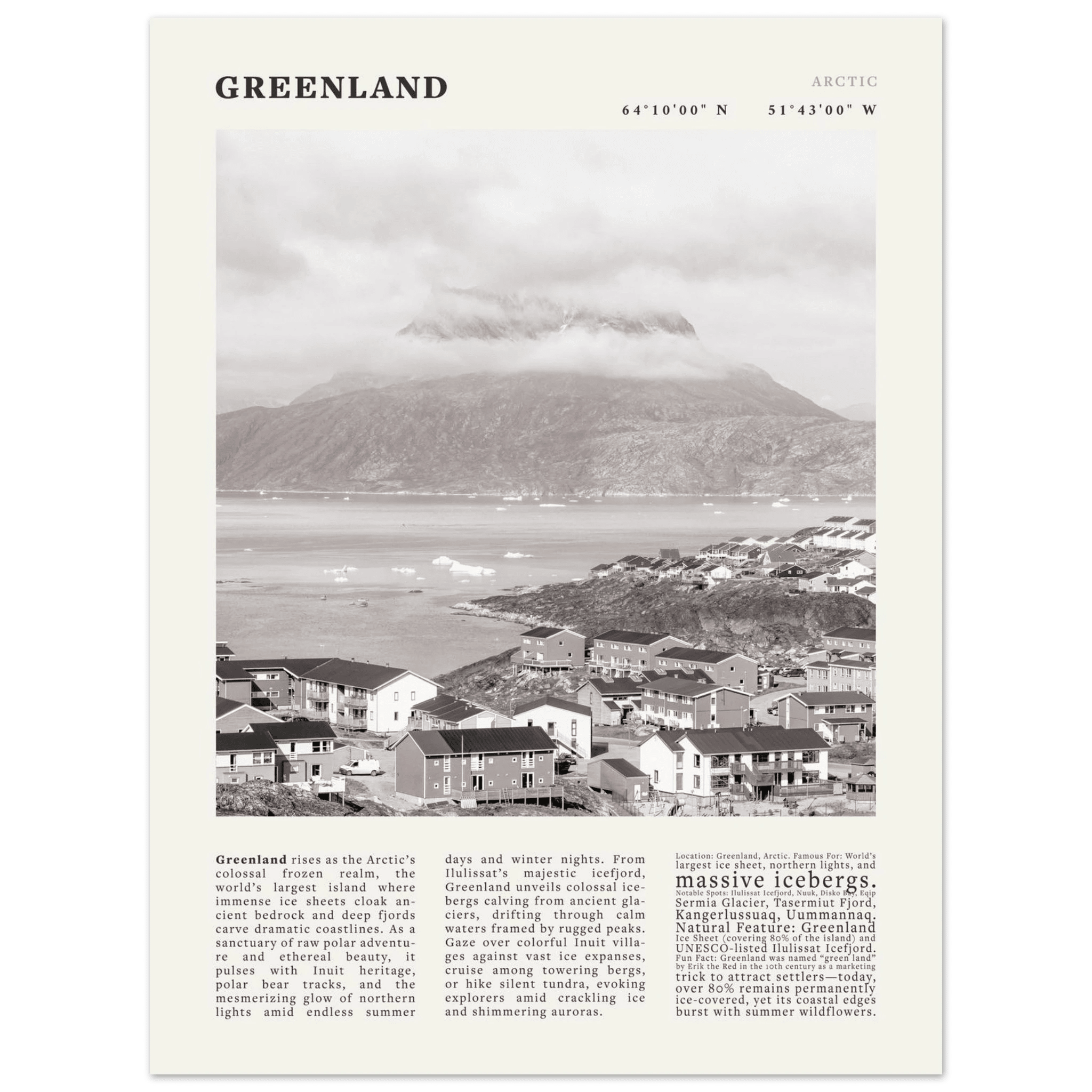 Greenland Poster Black and White – Vintage Arctic Fjord Landscape Print (Digital & Printed Options) - Evergreen Posters