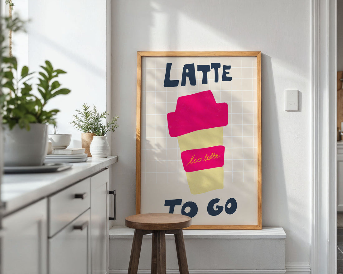 Latte To Go Poster – Playful Coffee Kitchen Wall Art Print (Digital & Printed Options) - Evergreen Posters
