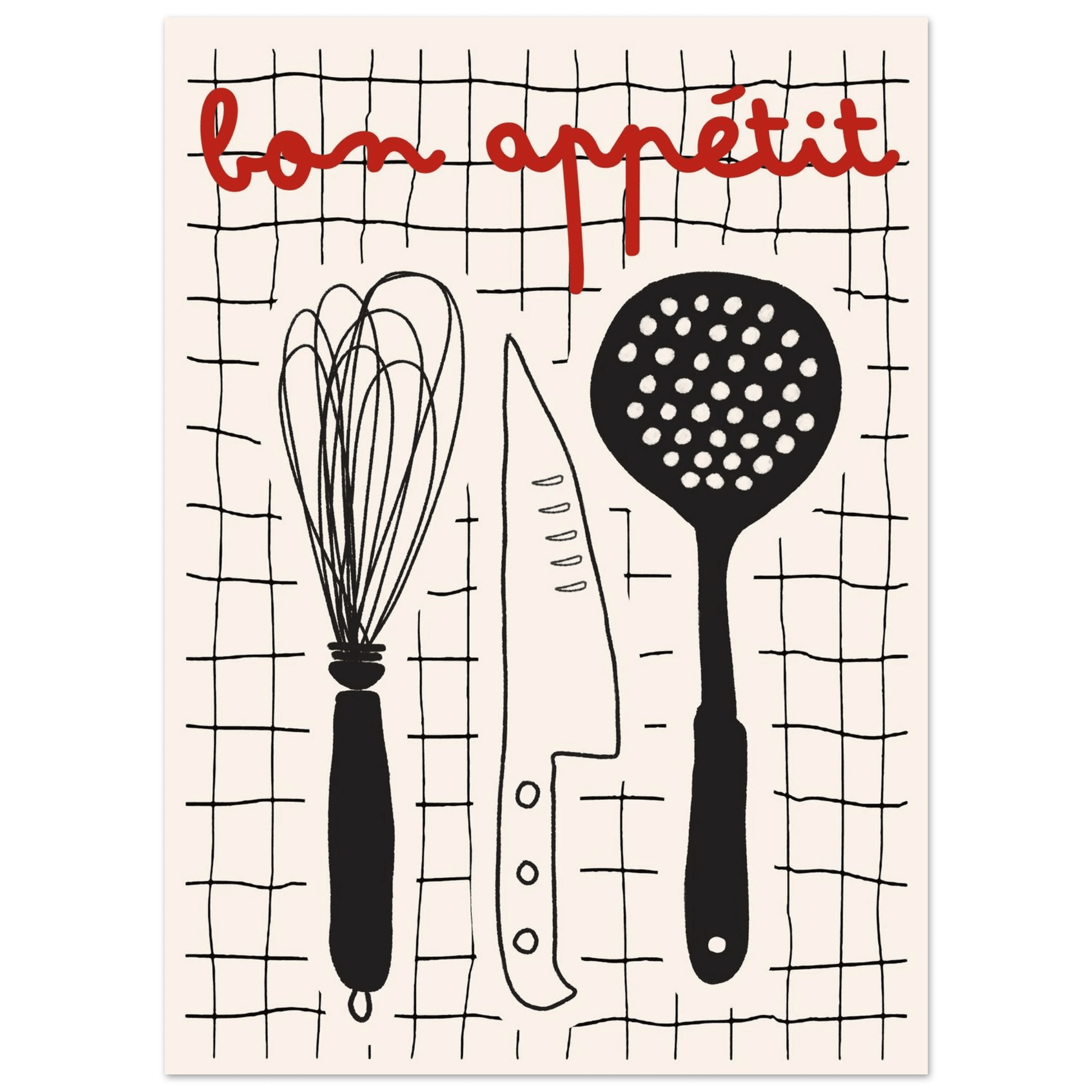 Bon Appétit French Kitchen Print | Bold Black Red Wall Art Poster - Evergreen Posters