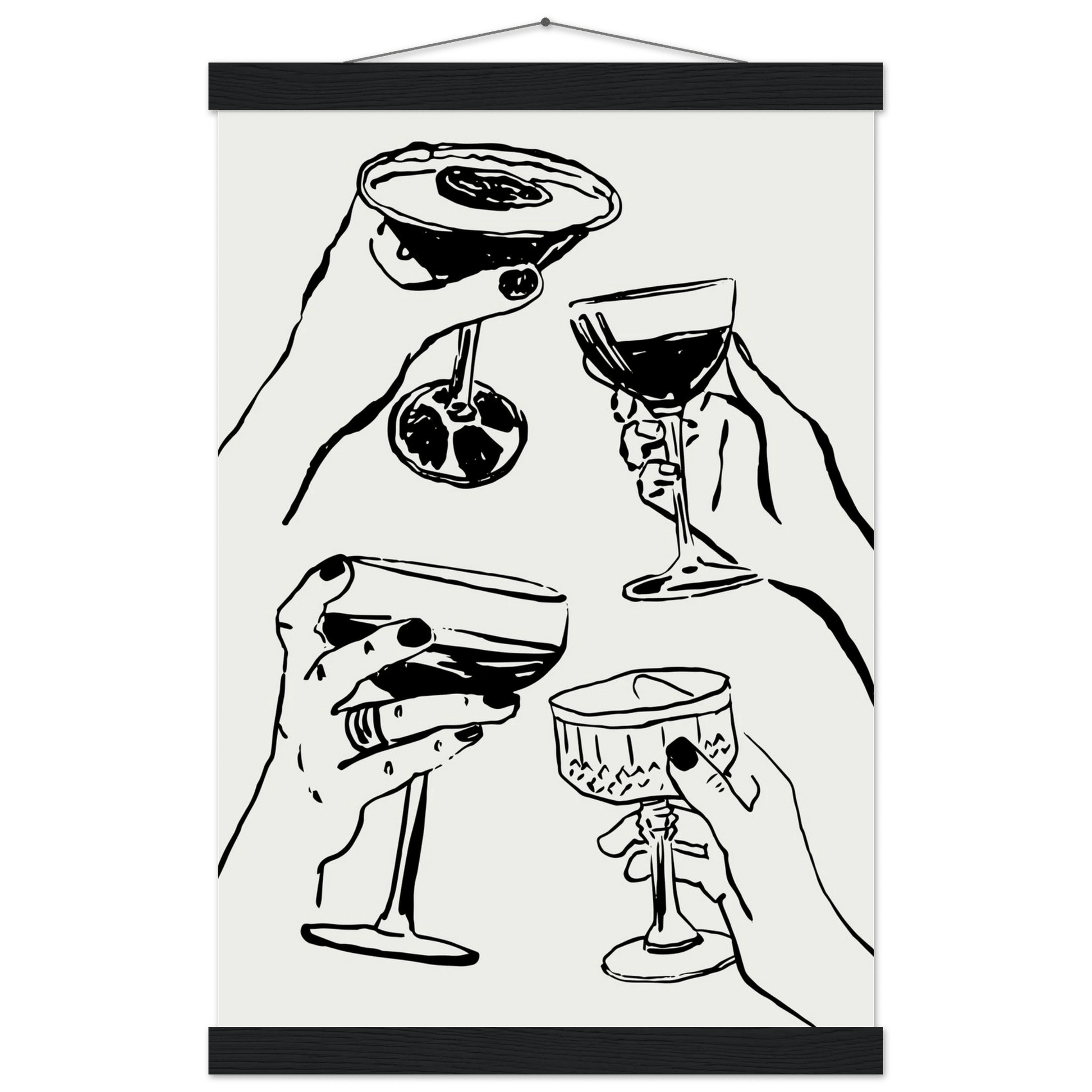 Cheers Print | Black Line Art Cocktail Glasses Wall Art | Kitchen Bar Poster - Evergreen Posters