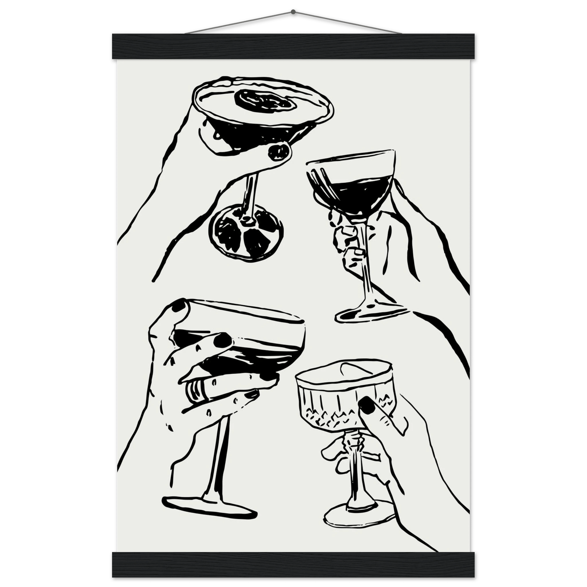 Cheers Print | Black Line Art Cocktail Glasses Wall Art | Kitchen Bar Poster - Evergreen Posters