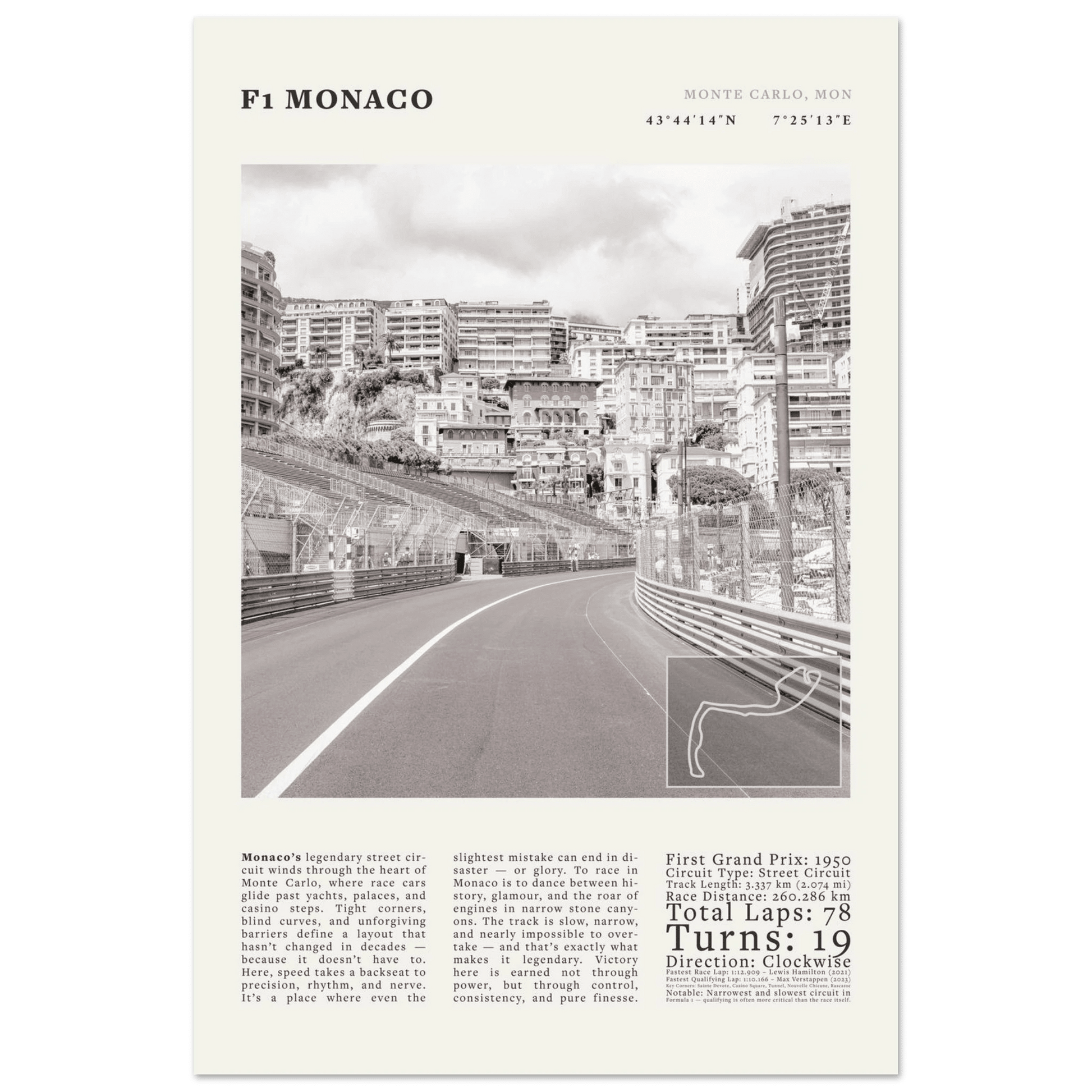 F1 Monaco Poster Black and White – Vintage Monte Carlo Street Circuit Print (Digital & Printed Options) - Evergreen Posters