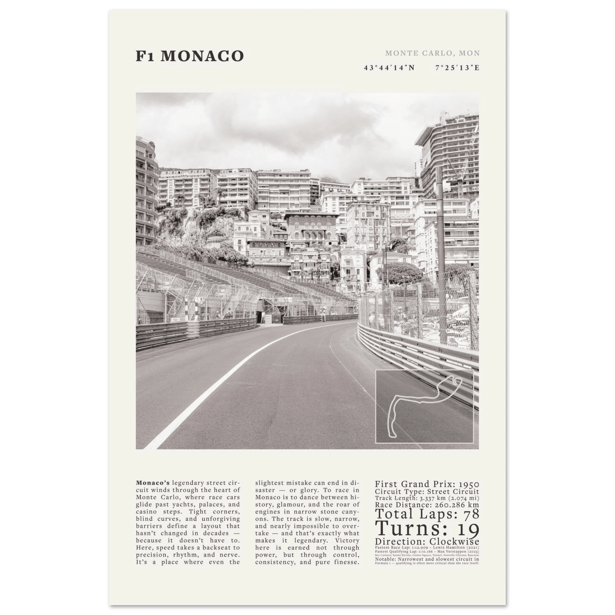 F1 Monaco Poster Black and White – Vintage Monte Carlo Street Circuit Print (Digital & Printed Options) - Evergreen Posters