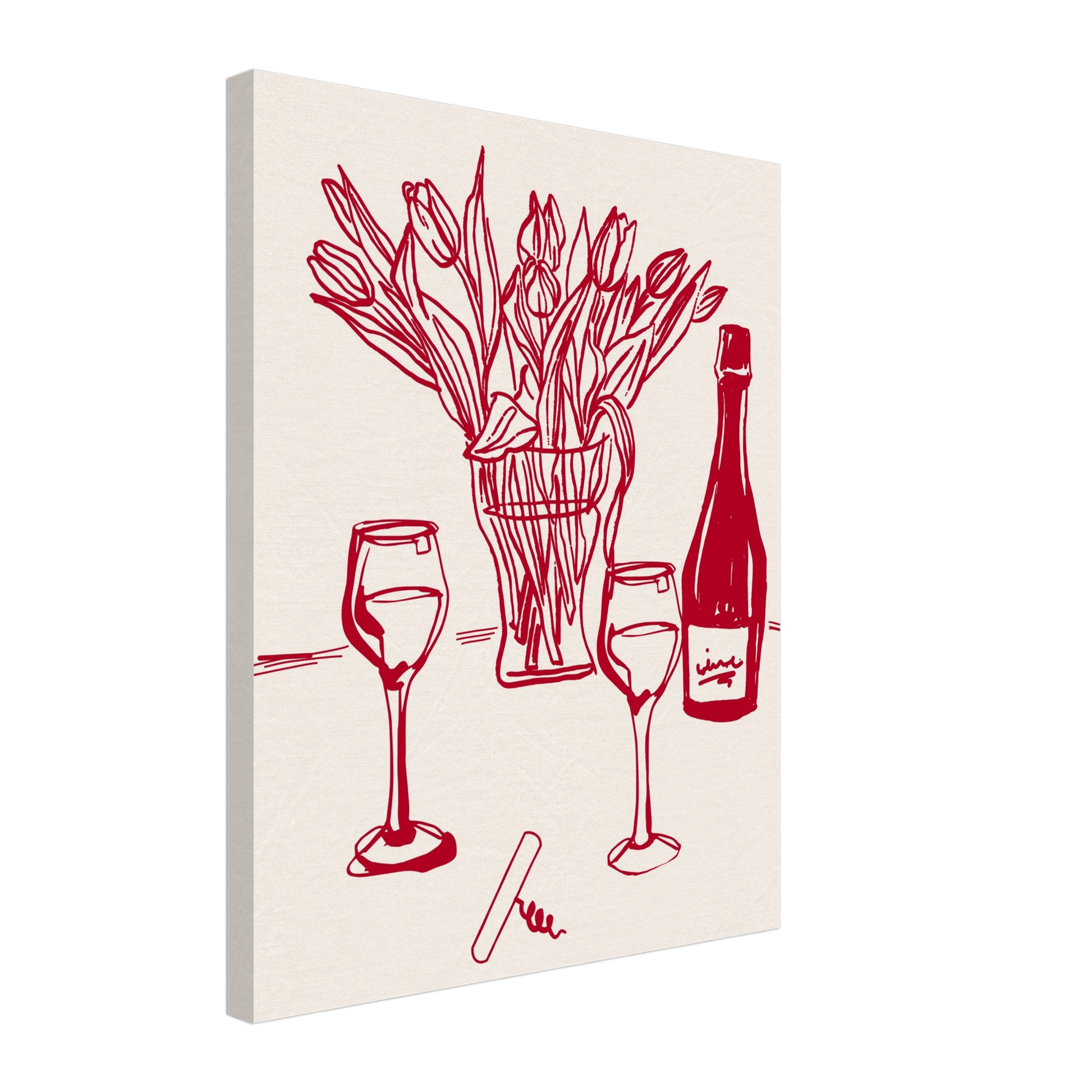 Red Wine & Tulips Print | Line Art Wine Bottle Wall Art | Kitchen Poster - Evergreen Posters