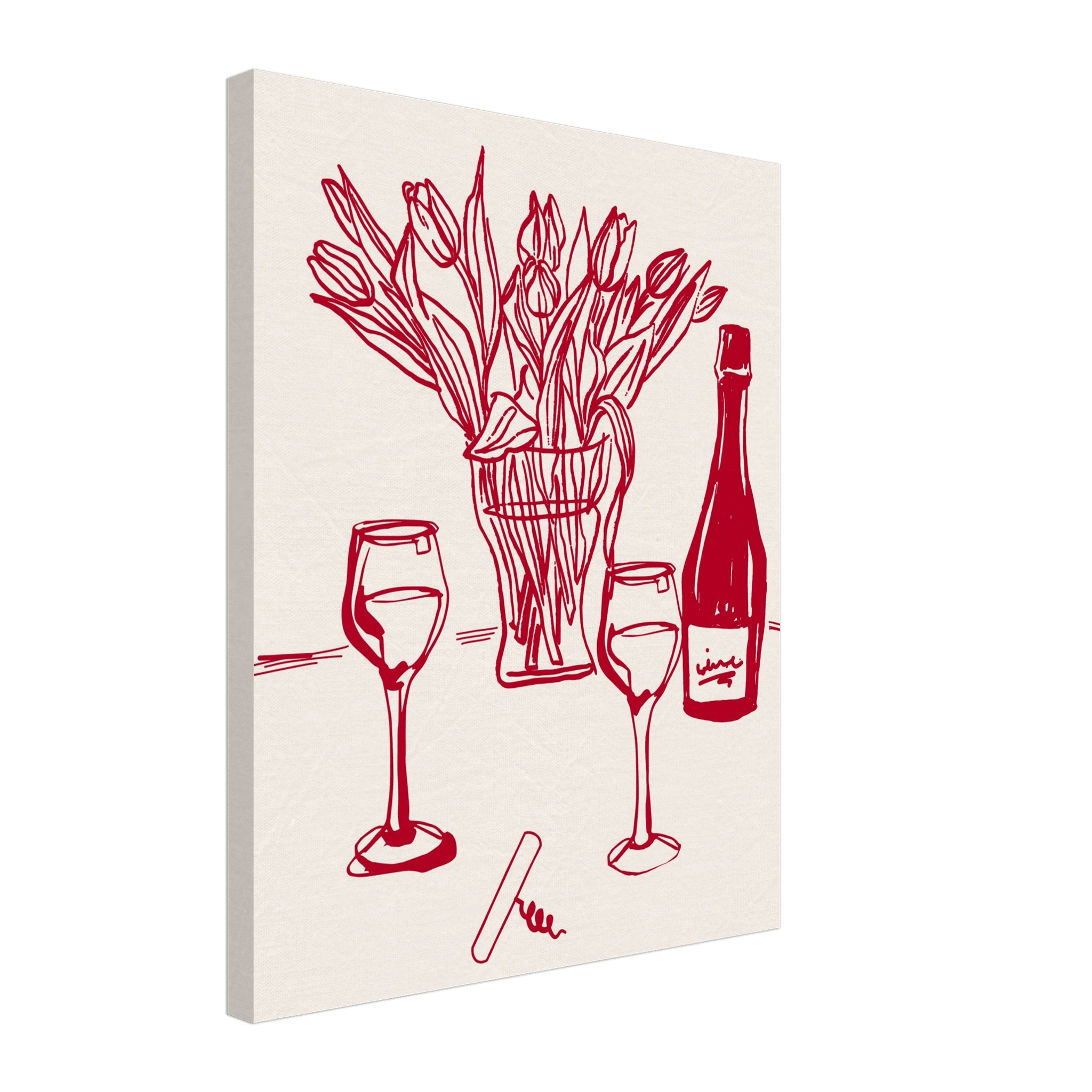 Red Wine & Tulips Print | Line Art Wine Bottle Wall Art | Kitchen Poster - Evergreen Posters