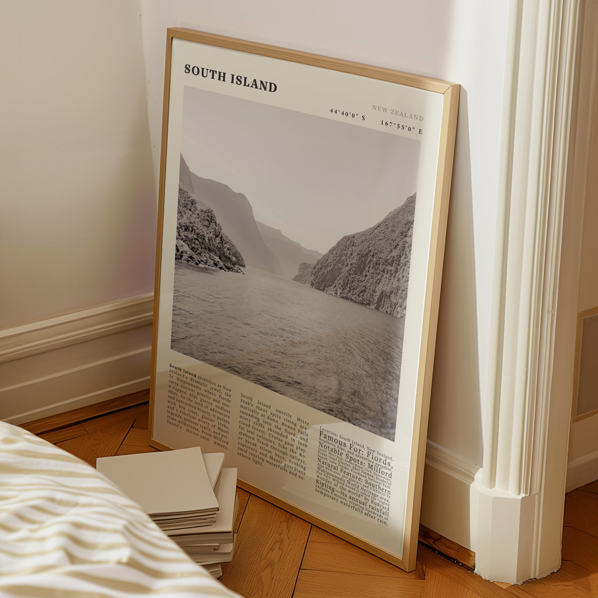 South Island New Zealand Poster Black and White – Vintage Milford Sound Fjord Print - Evergreen Posters