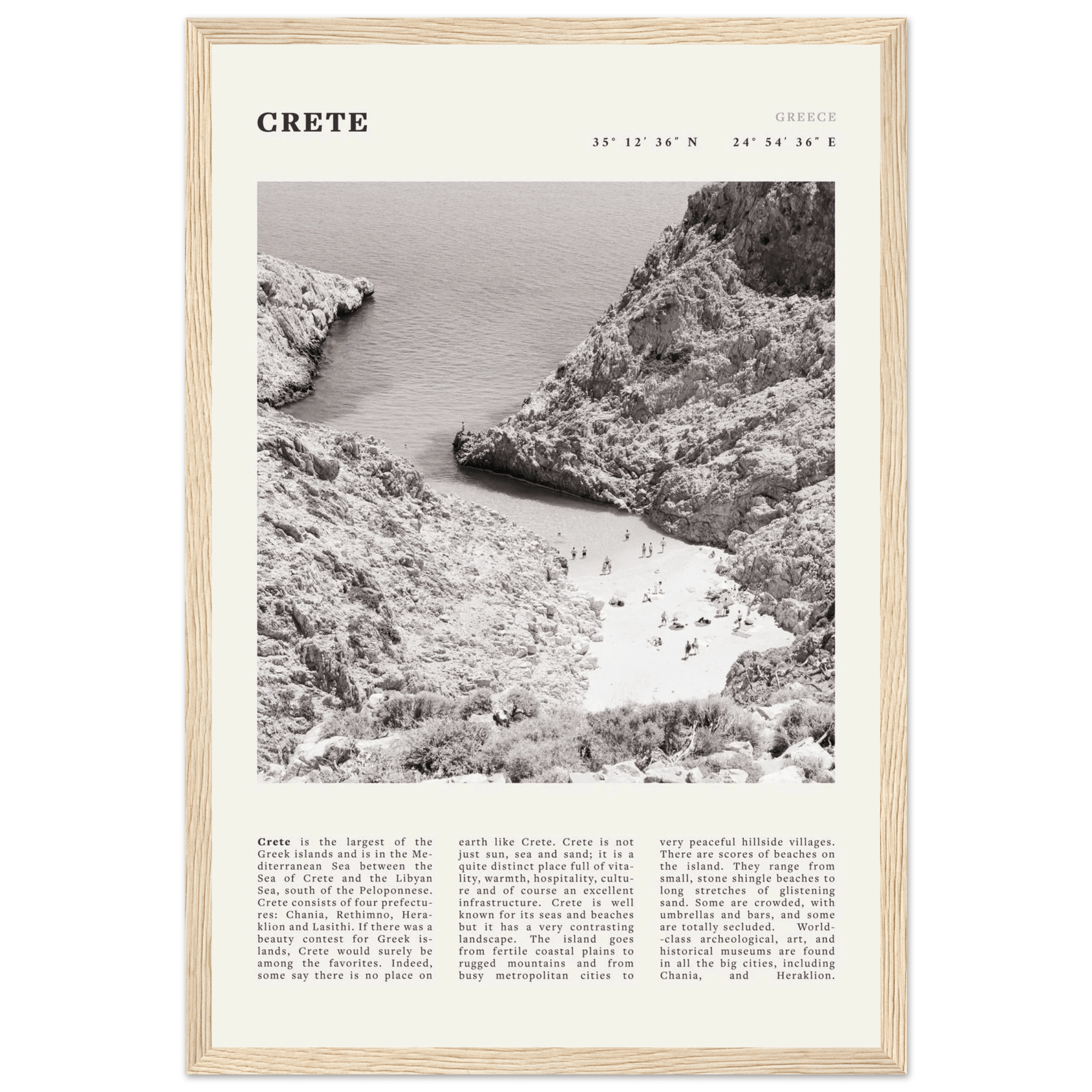 Crete Poster | Black & White Greece Beach Wall Art | Mediterranean Travel Print - Evergreen Posters
