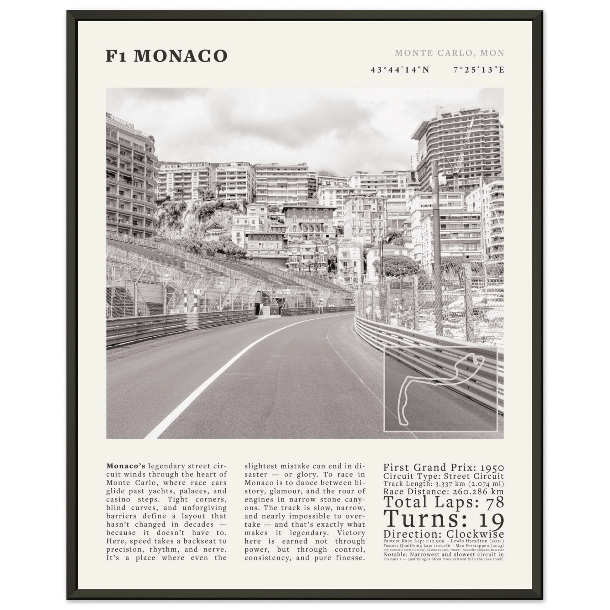 F1 Monaco Poster Black and White – Vintage Monte Carlo Street Circuit Print (Digital & Printed Options) - Evergreen Posters