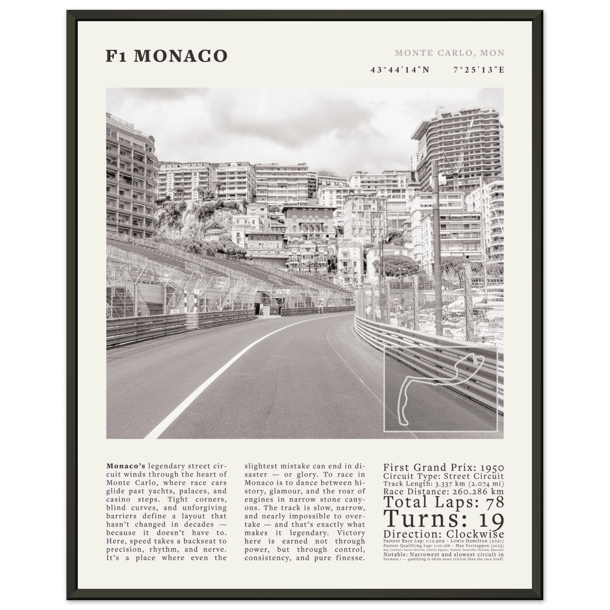 F1 Monaco Poster Black and White – Vintage Monte Carlo Street Circuit Print (Digital & Printed Options) - Evergreen Posters