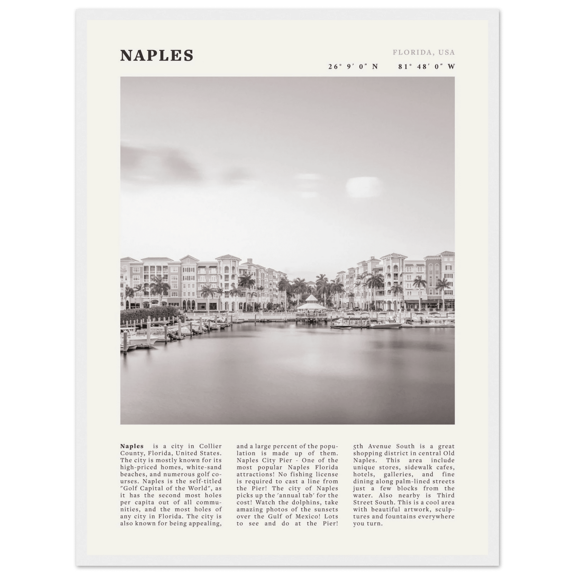 Naples Florida Poster | Black & White Gulf Coast Wall Art | FL Travel Print - Evergreen Posters