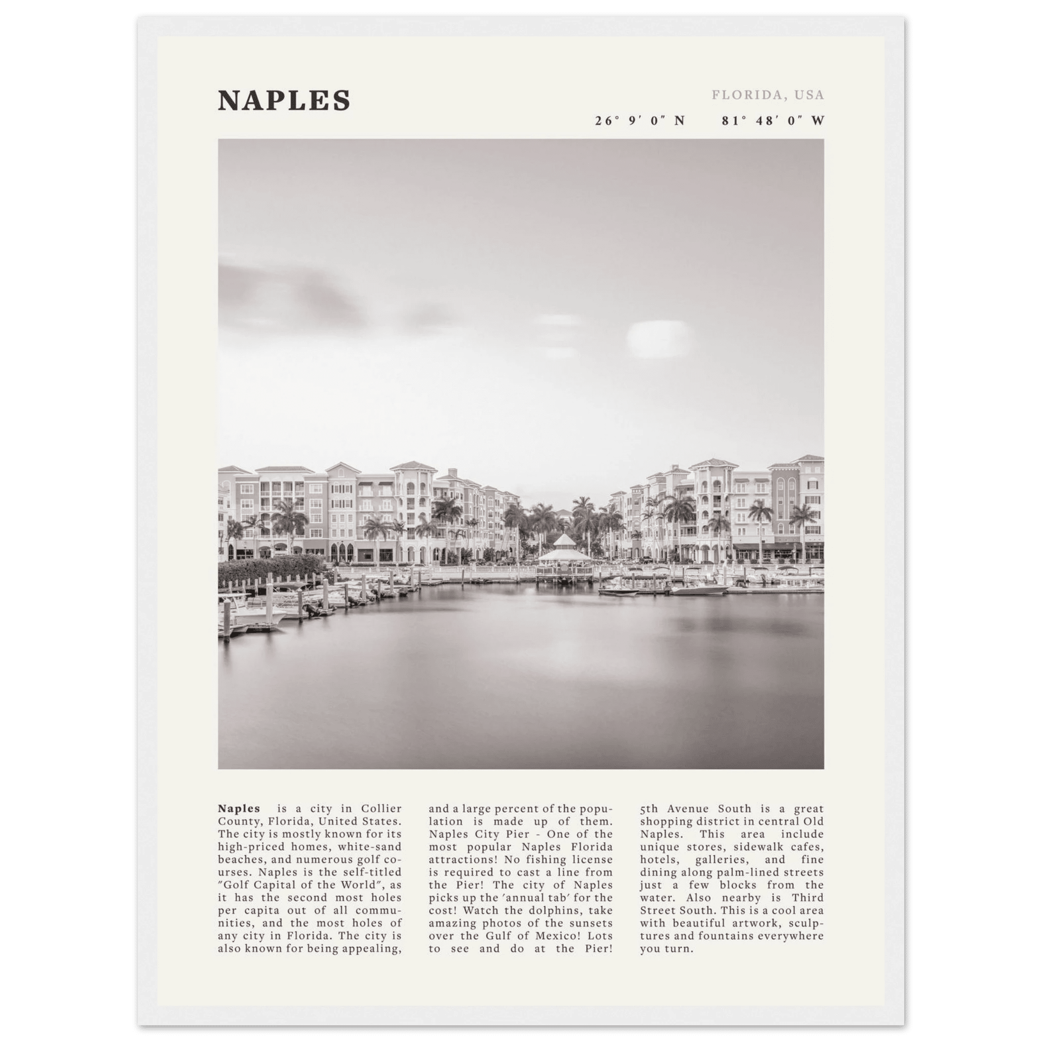Naples Florida Poster | Black & White Gulf Coast Wall Art | FL Travel Print - Evergreen Posters