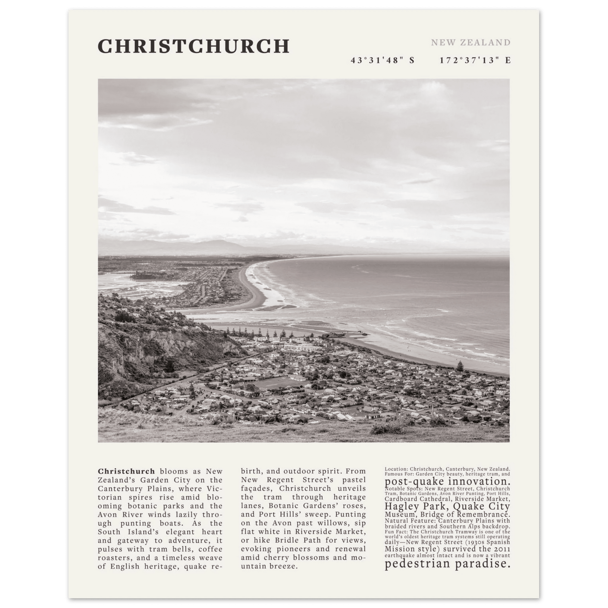 Christchurch New Zealand Poster Black and White – Vintage Garden City Panorama Print - Evergreen Posters