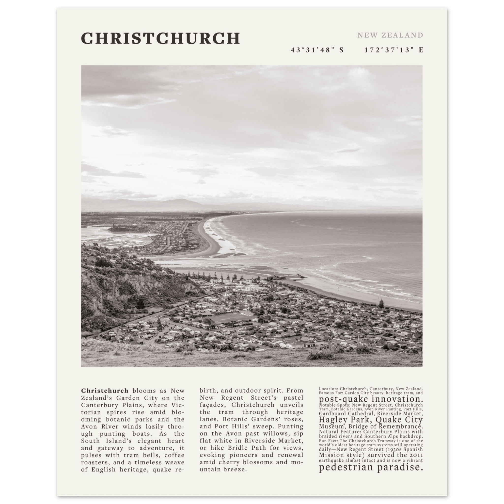 Christchurch New Zealand Poster Black and White – Vintage Garden City Panorama Print - Evergreen Posters