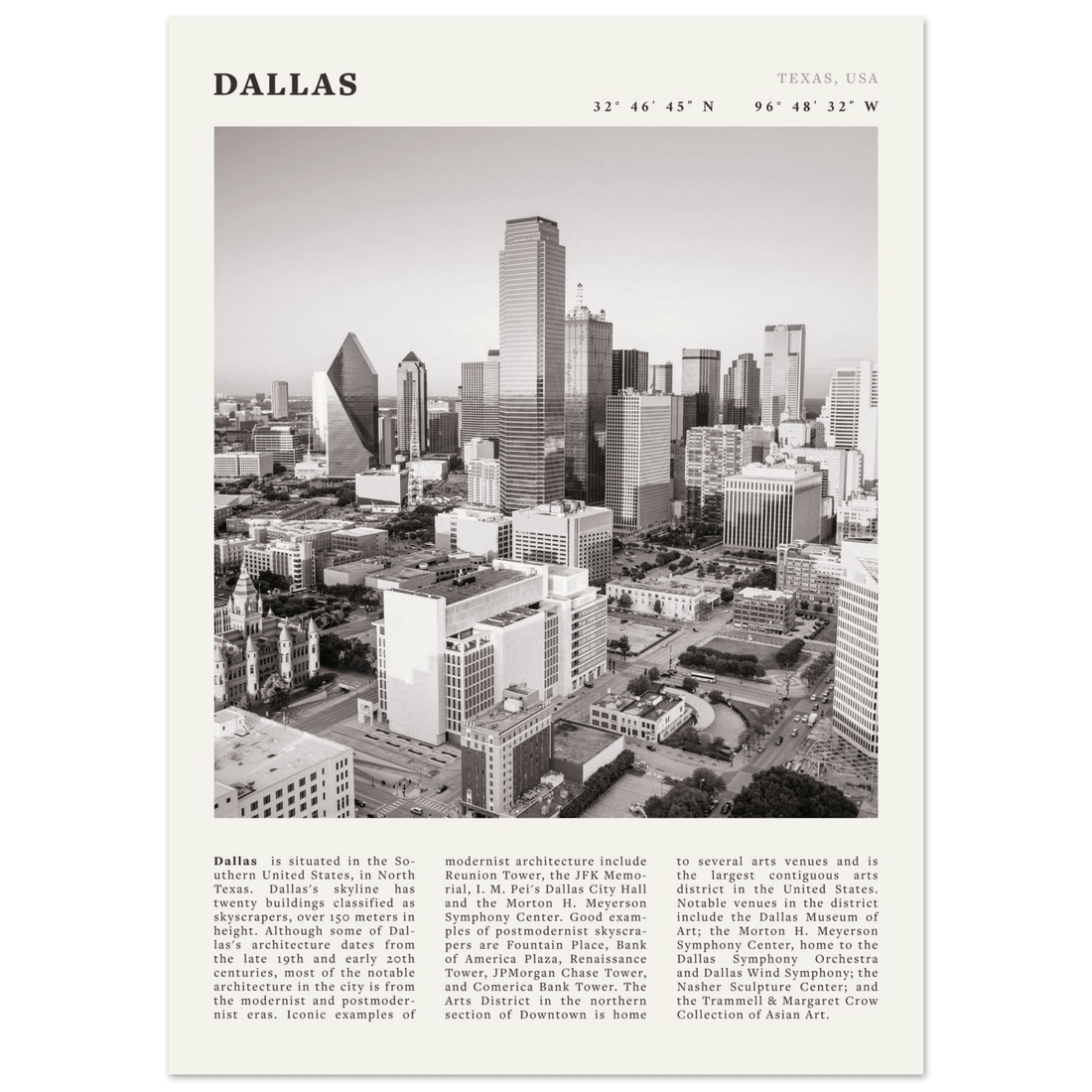 Dallas Poster | Black & White Texas Skyline Wall Art | City Travel Print Decor - Evergreen Posters