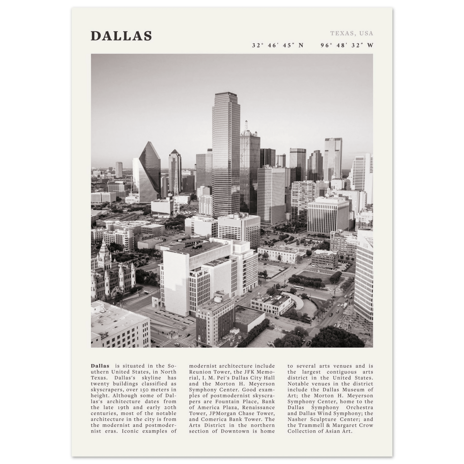 Dallas Poster | Black & White Texas Skyline Wall Art | City Travel Print Decor - Evergreen Posters