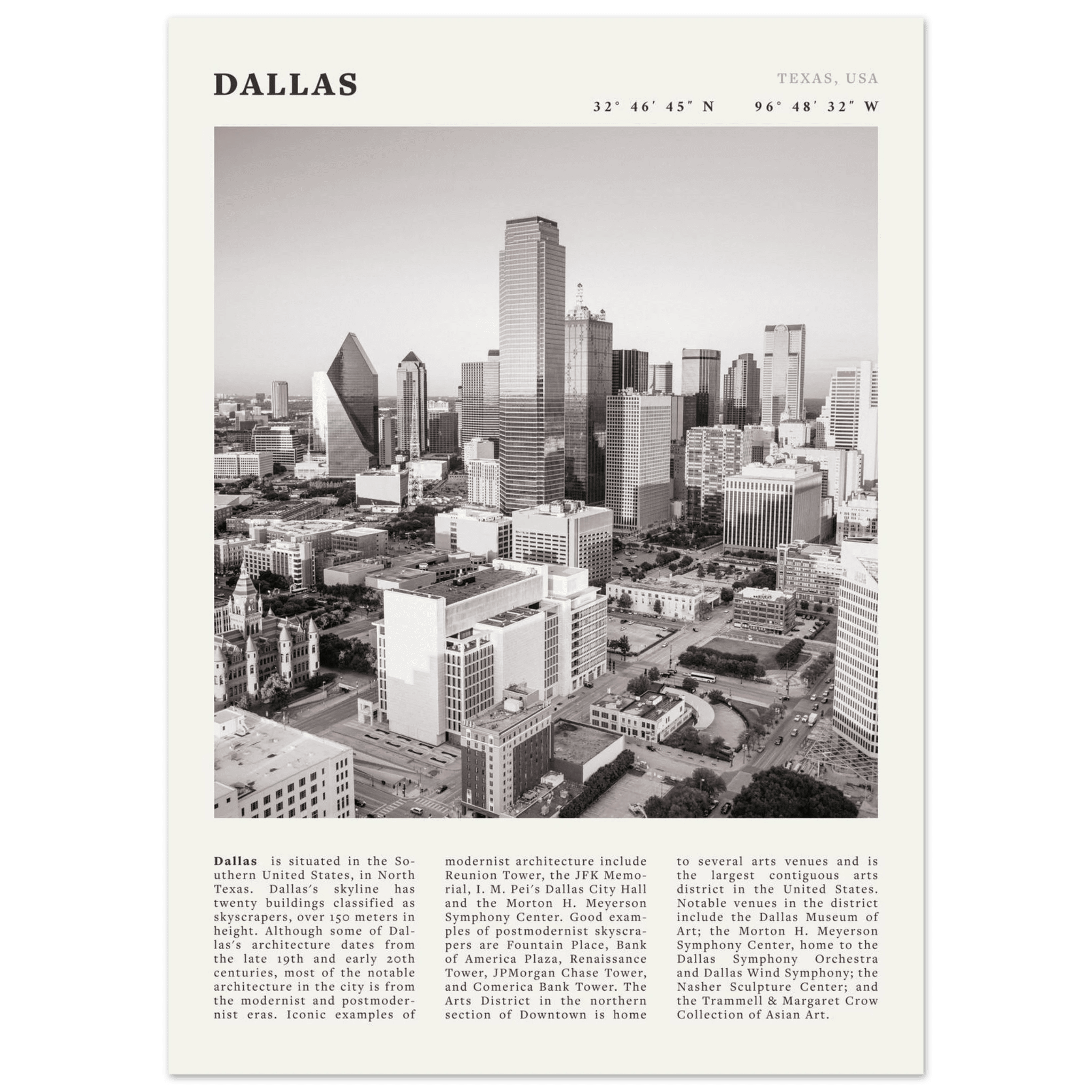 Dallas Poster | Black & White Texas Skyline Wall Art | City Travel Print Decor - Evergreen Posters