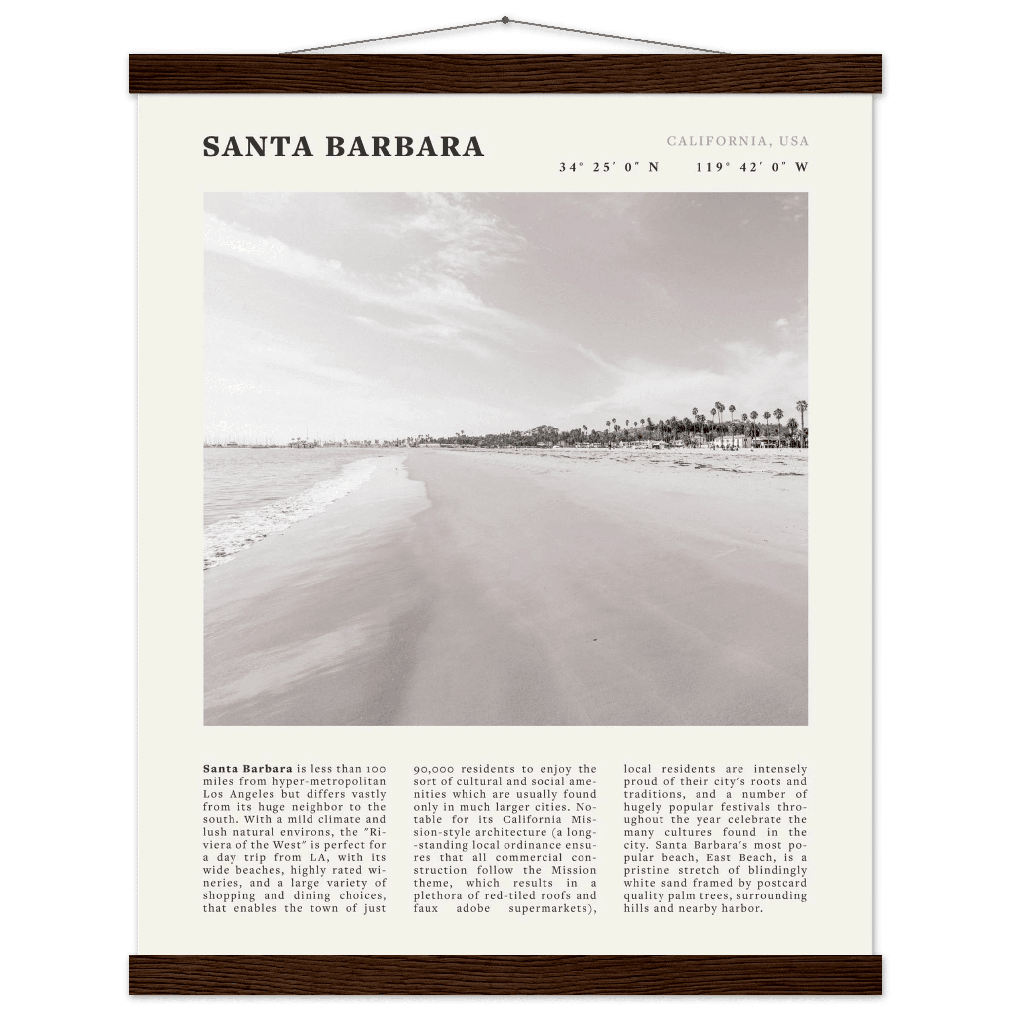 Santa Barbara Poster | Black & White California Beach Wall Art | CA Travel Print - Evergreen Posters
