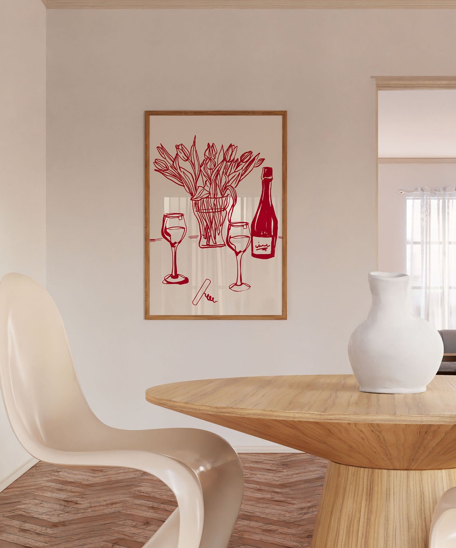 Red Wine & Tulips Print | Line Art Wine Bottle Wall Art | Kitchen Poster - Evergreen Posters