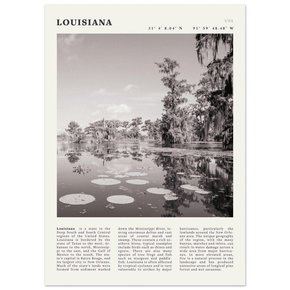 Louisiana Poster | Black & White Bayou Wall Art | Southern USA Travel Print Decor - Evergreen Posters