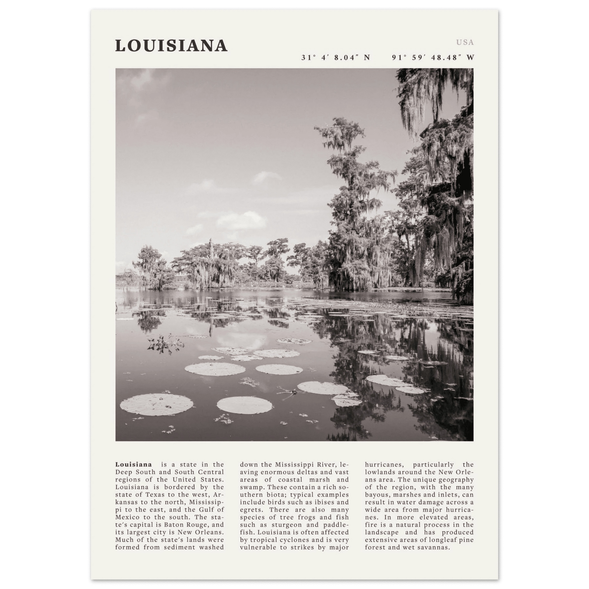 Louisiana Poster | Black & White Bayou Wall Art | Southern USA Travel Print Decor - Evergreen Posters