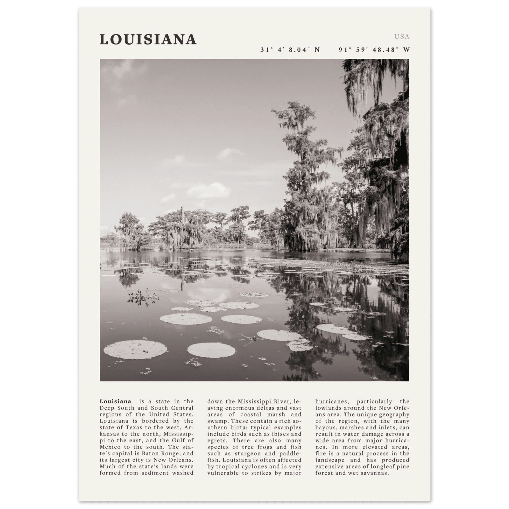 Louisiana Poster | Black & White Bayou Wall Art | Southern USA Travel Print Decor - Evergreen Posters