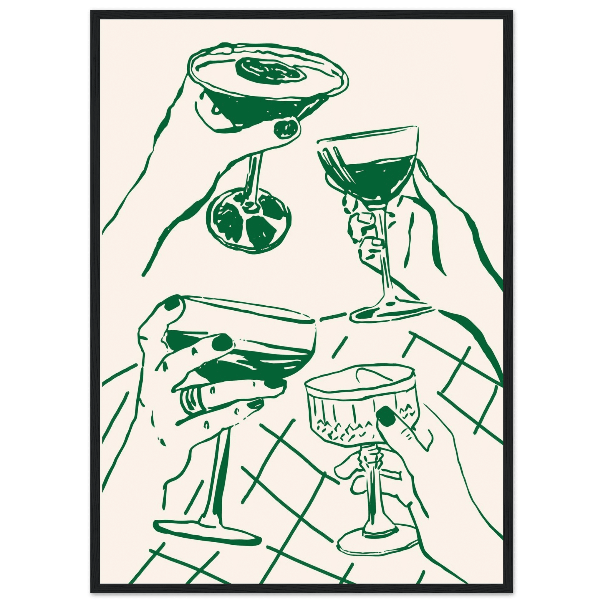 Cheers Print | Forest Green Cocktail Glasses Wall Art | Kitchen Bar Poster - Evergreen Posters