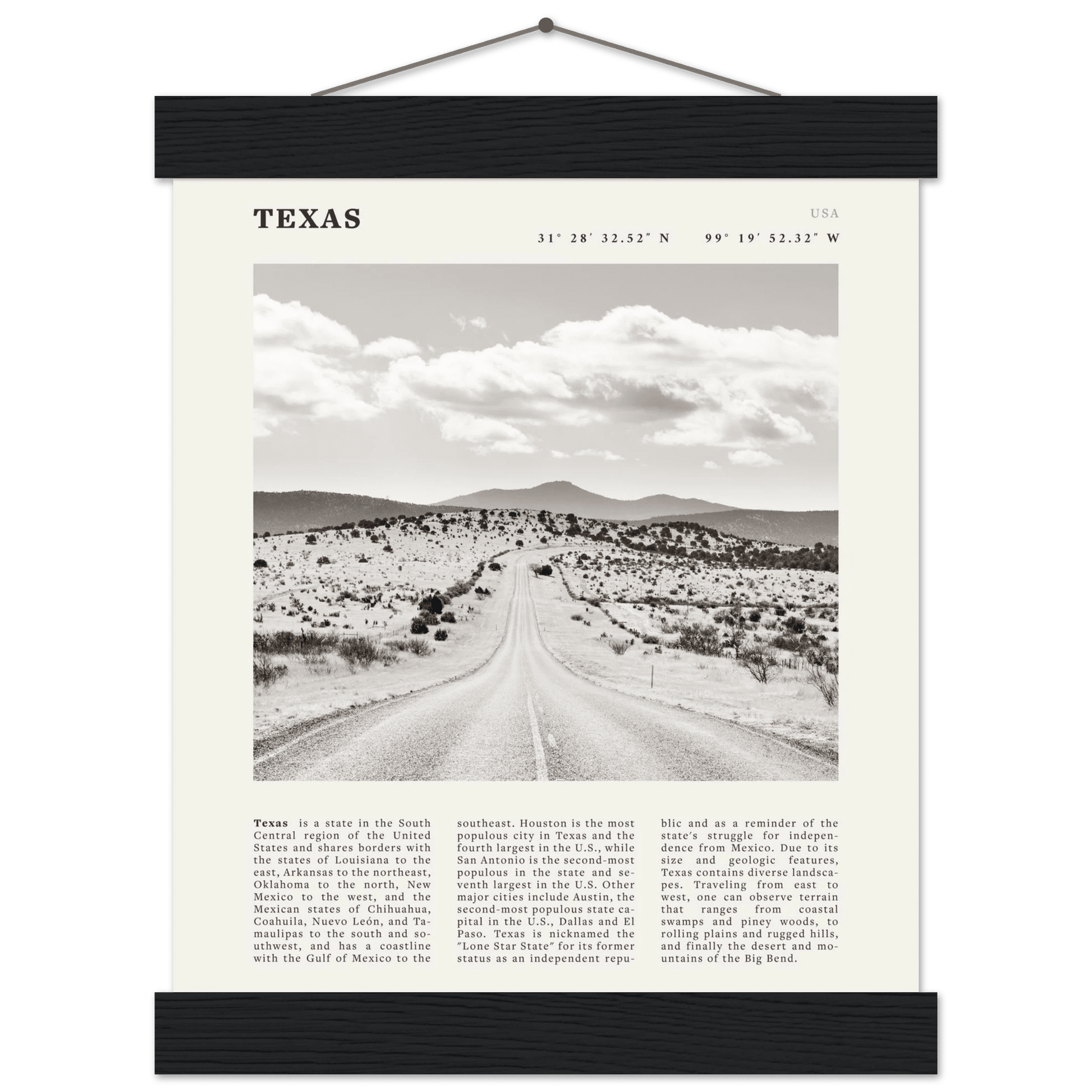 Texas Poster | Black & White Lone Star Road Wall Art | USA Travel Print Decor - Evergreen Posters