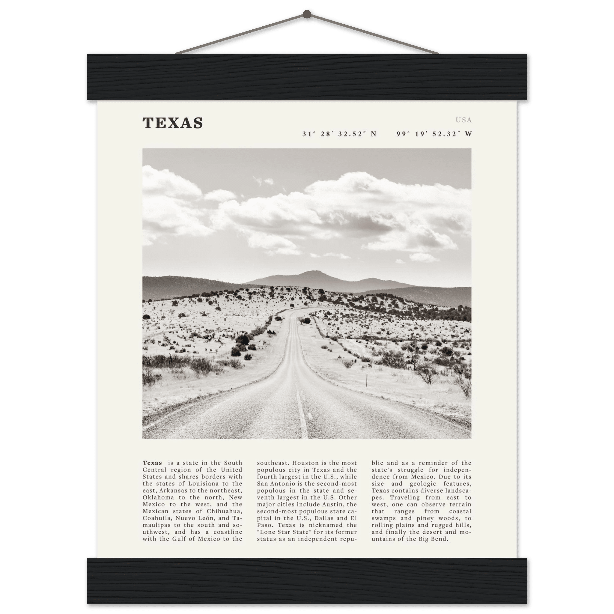 Texas Poster | Black & White Lone Star Road Wall Art | USA Travel Print Decor - Evergreen Posters