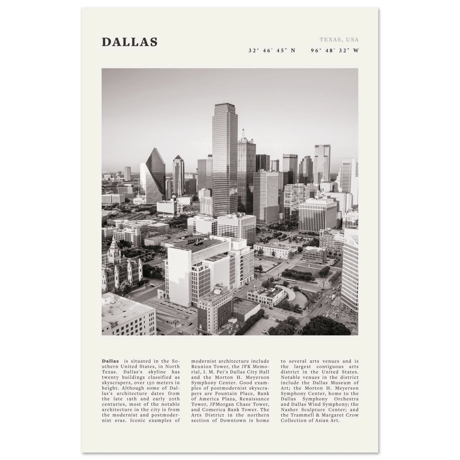 Dallas Poster | Black & White Texas Skyline Wall Art | City Travel Print Decor - Evergreen Posters